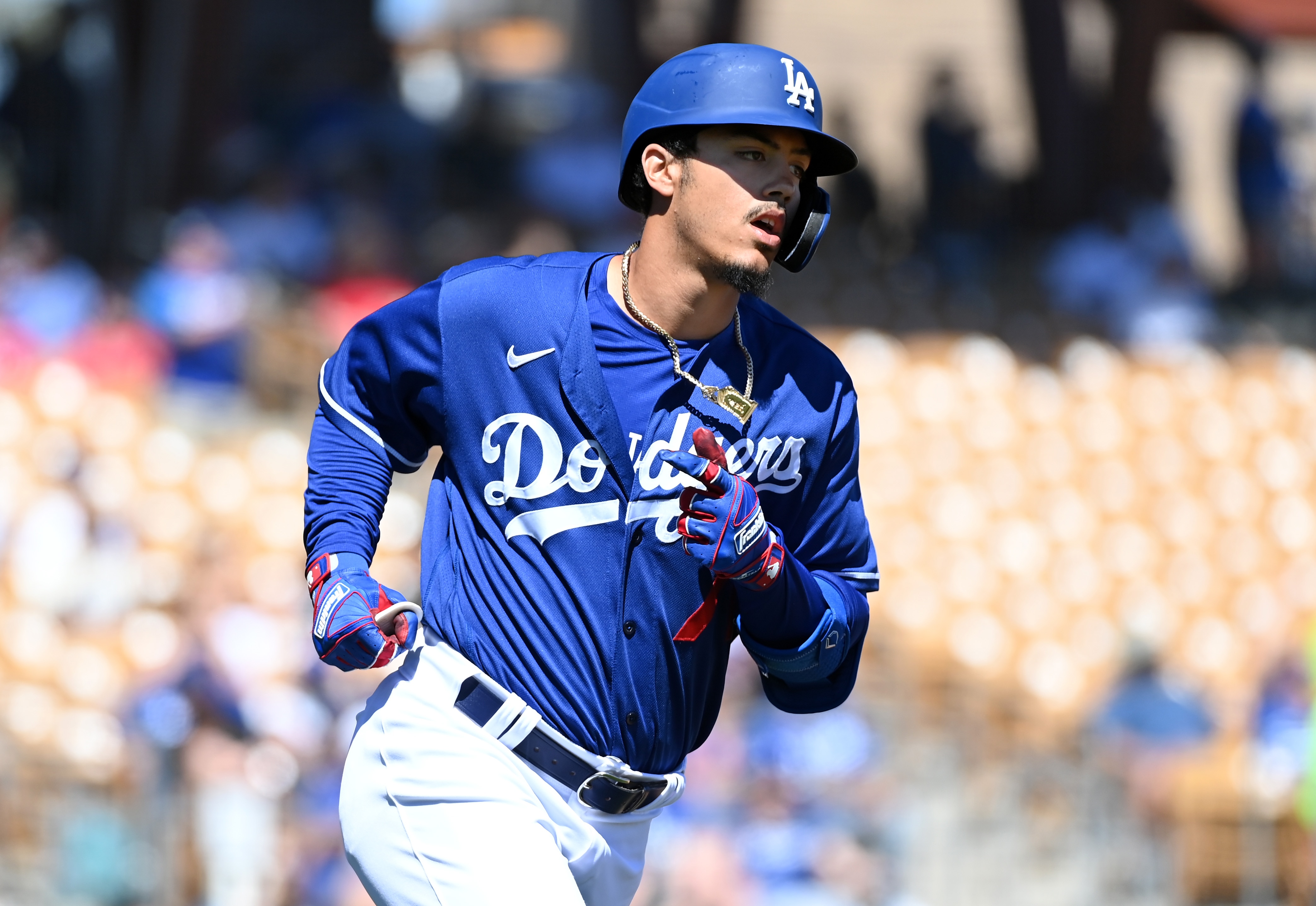 GLENDALE, ARIZONA - MARCH 23: Miguel Vargas #71 of the Los Angeles Dodgers rounds the bases after hitting a home run against the Cleveland Guardians during a spring training game at Camelback Ranch on March 23, 2022 in Glendale, Arizona. (Photo by Norm Hall/Getty Images)