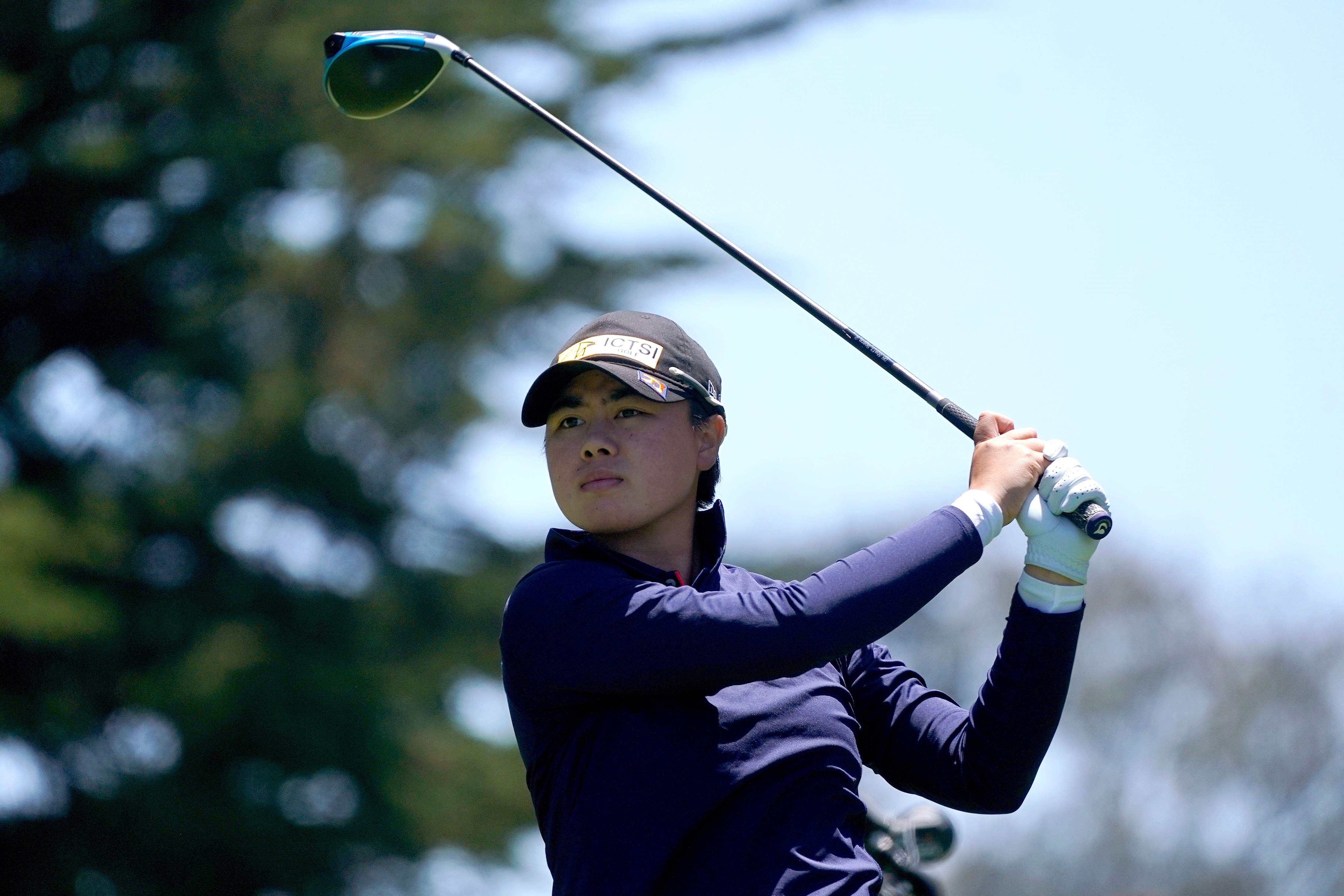 Yuka Saso, of the Philippines, plays her shot from the 10th tee during the final round of the U.S. Women's Open golf tournament at The Olympic Club, Sunday, June 6, 2021, in San Francisco. (AP Photo/Jeff Chiu)