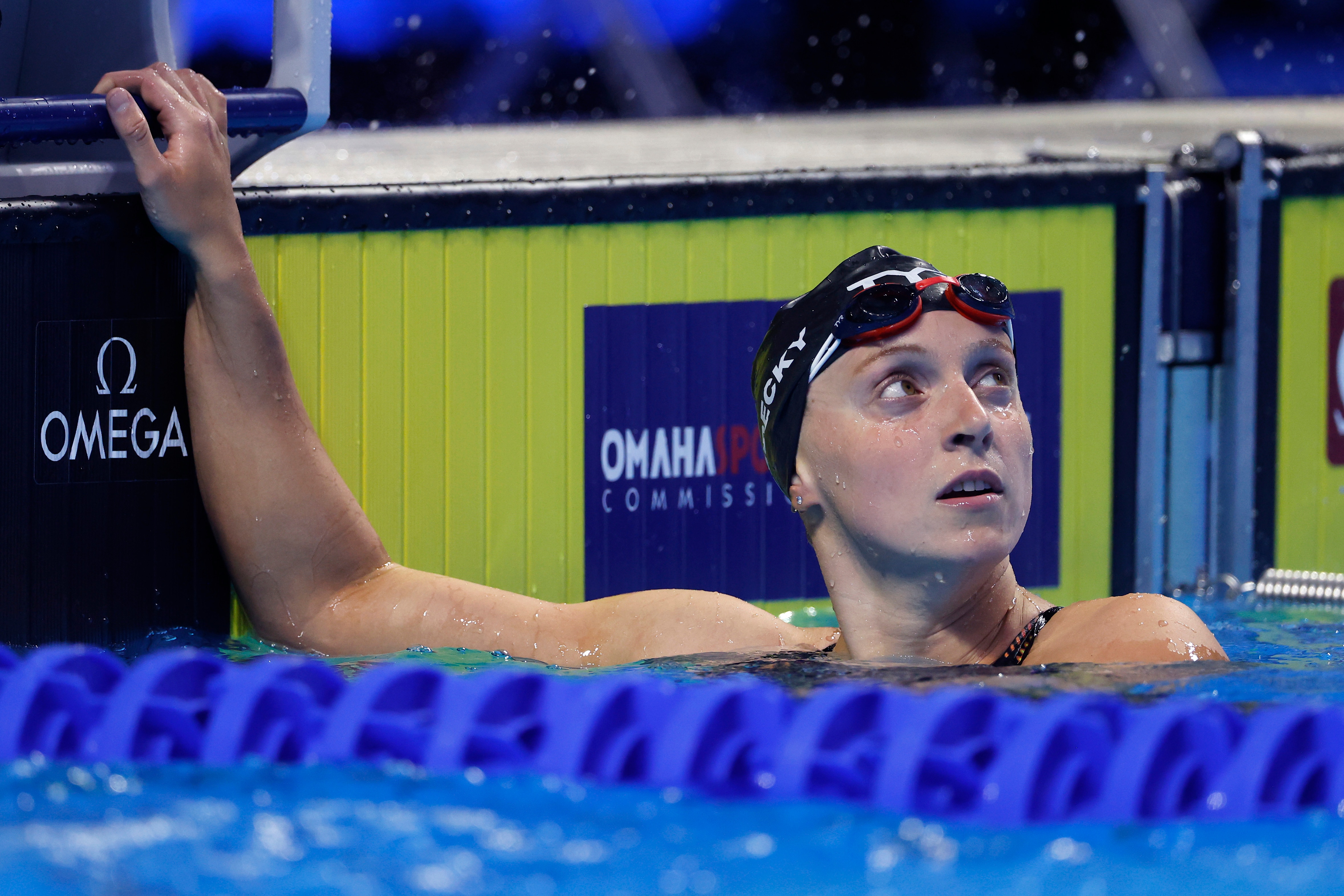 OMAHA, NEBRASKA - JUNE 18: Katie Ledecky of the United States reacts after competing in a preliminary heat for the Women’s 800m freestyle during Day Six of the 2021 U.S. Olympic Team Swimming Trials at CHI Health Center on June 18, 2021 in Omaha, Nebraska. (Photo by Al Bello/Getty Images)