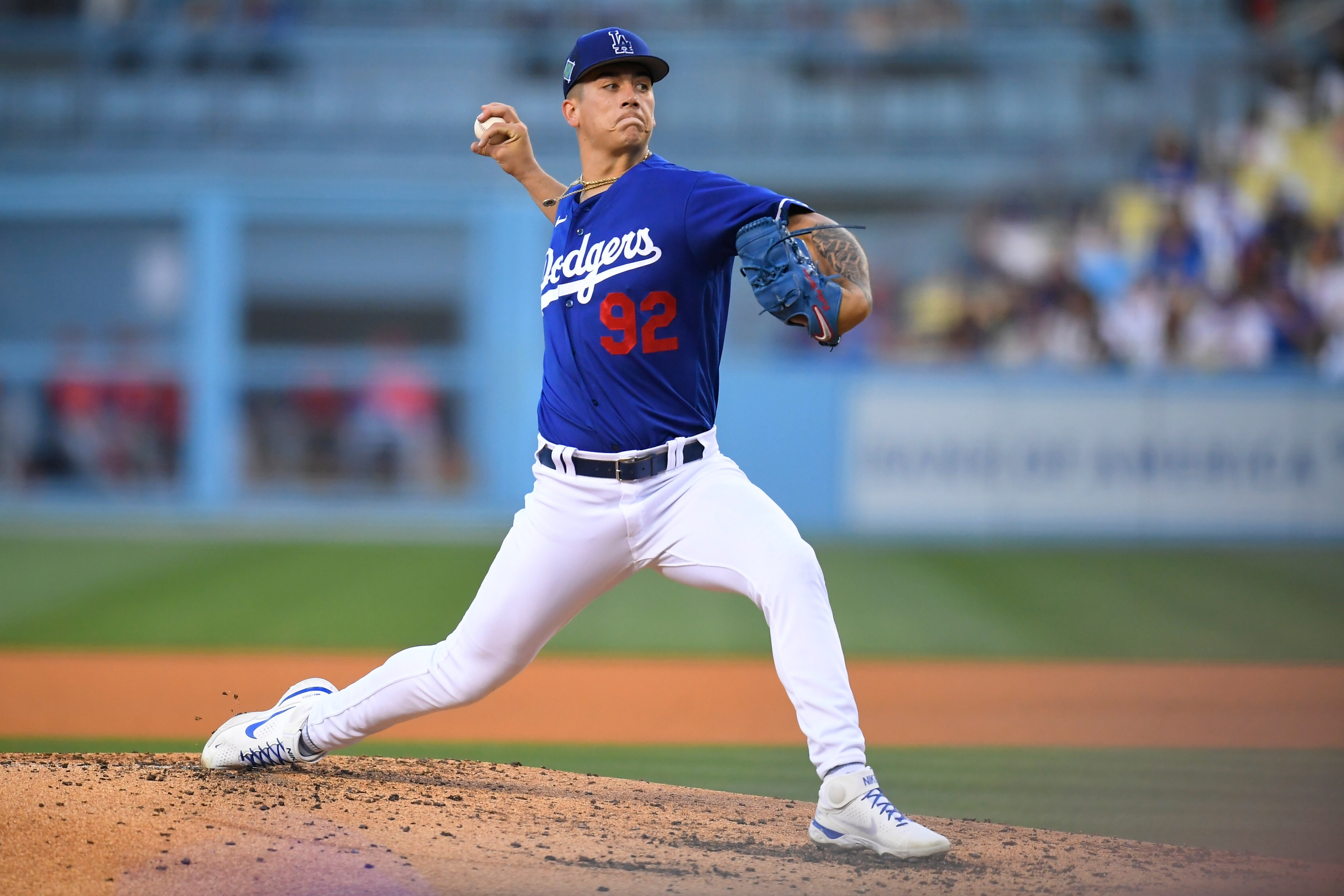 LOS ANGELES, CA - APRIL 05:  Los Angeles Dodgers Bobby Miller (92) pitches in the third inning against the Los Angeles Angels at Dodger Stadium on April 5, 2022 in Los Angeles, CA. (Photo by John McCoy/Icon Sportswire via Getty Images)