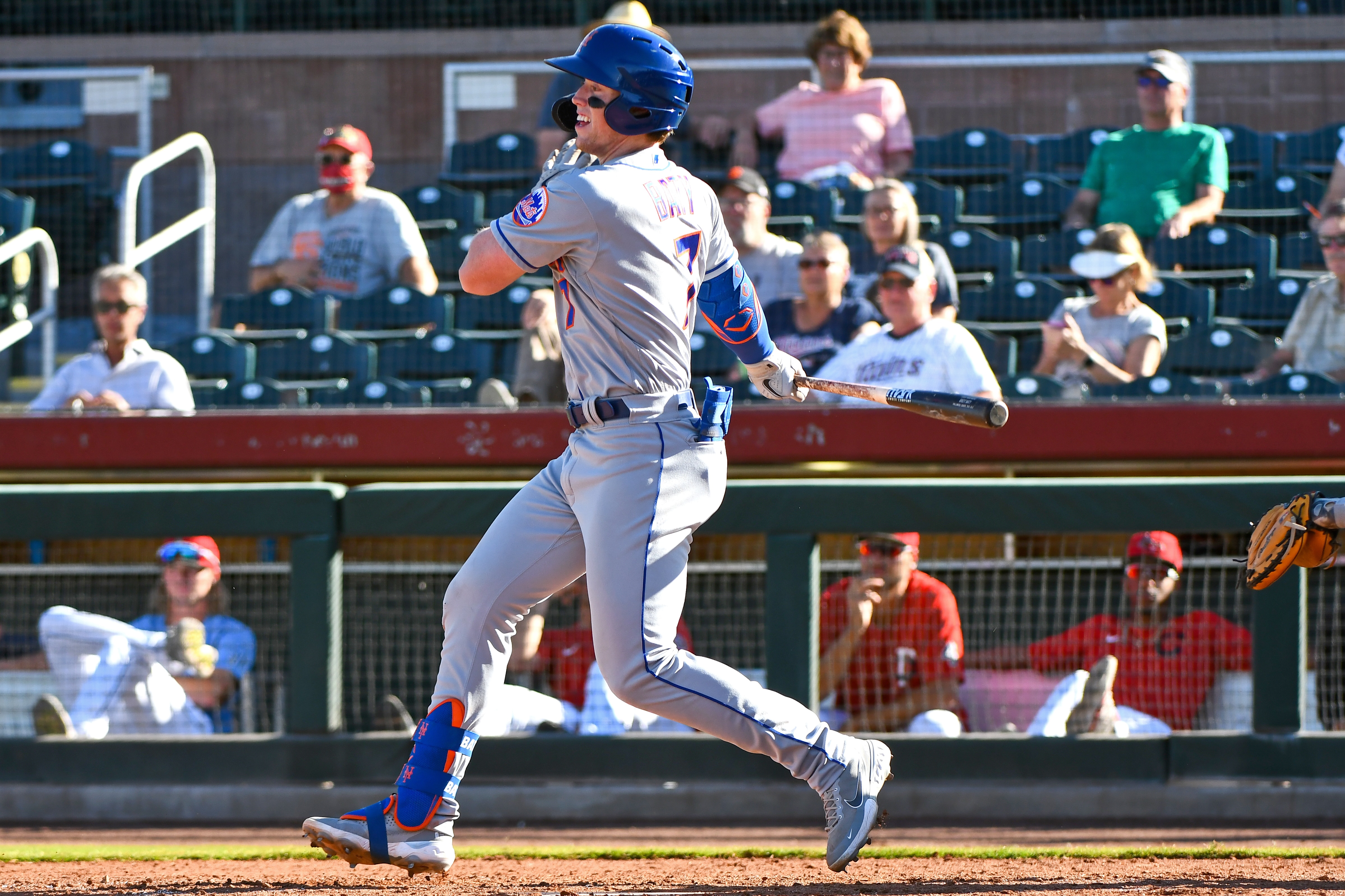 SCOTTSDALE, AZ - NOVEMBER 10, 2021: Brett Baty #7 of the Salt River Rafters bats during a game against the Scottsdale Scorpions at Scottsdale Stadium on November 10, 2021 in Peoria, Arizona. (Photo by Chris Bernacchi/Diamond Images via Getty Images)