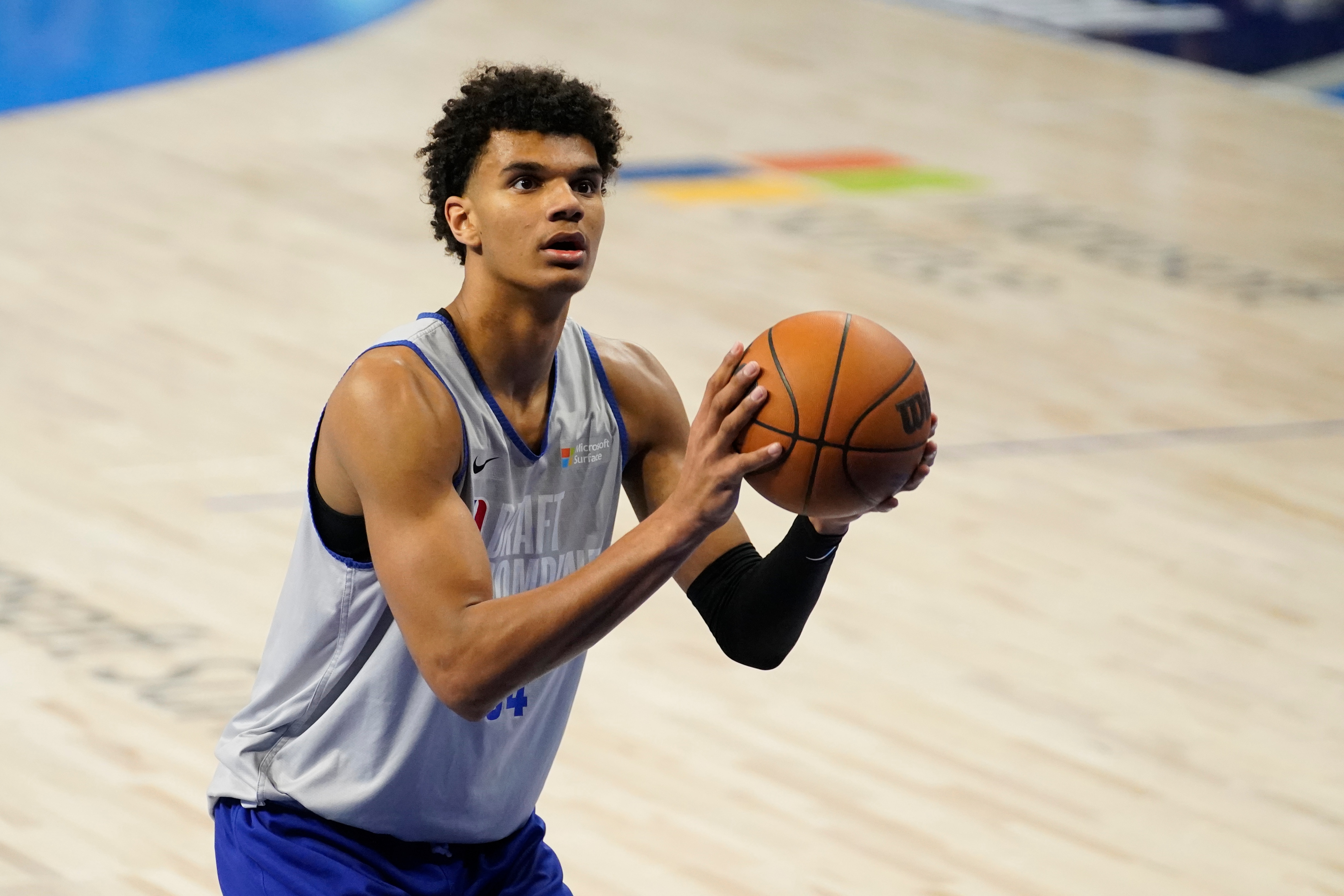 Dominick Barlow participates in the NBA basketball draft combine at the Wintrust Arena Friday, May 20, 2022, in Chicago. (AP Photo/Charles Rex Arbogast)