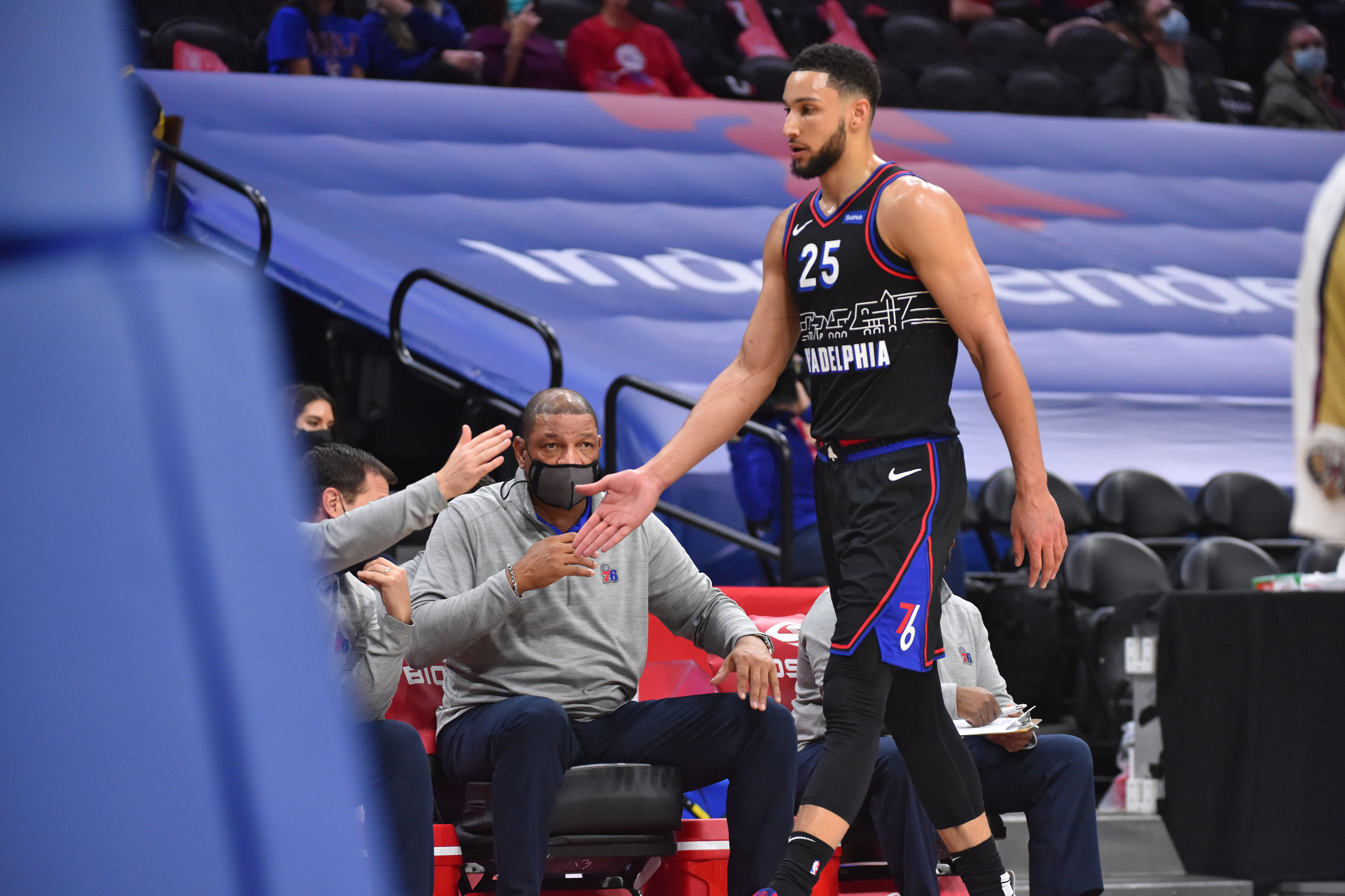 PHILADELPHIA, PA - MAY 7: Head Coach Doc Rivers and Ben Simmons #25 of the Philadelphia 76ers high-five during a game on May 7, 2021 at Wells Fargo Center in Philadelphia, Pennsylvania. NOTE TO USER: User expressly acknowledges and agrees that, by downloading and/or using this Photograph, user is consenting to the terms and conditions of the Getty Images License Agreement. Mandatory Copyright Notice: Copyright 2021 NBAE (Photo by Jesse D. Garrabrant/NBAE via Getty Images) PHILADELPHIA, PA - MAY 7: Head Coach Doc Rivers and Ben Simmons #25 of the Philadelphia 76ers high-five during a game on May 7, 2021 at Wells Fargo Center in Philadelphia, Pennsylvania. NOTE TO USER: User expressly acknowledges and agrees that, by downloading and/or using this Photograph, user is consenting to the terms and conditions of the Getty Images License Agreement. Mandatory Copyright Notice: Copyright 2021 NBAE (Photo by Jesse D. Garrabrant/NBAE via Getty Images)