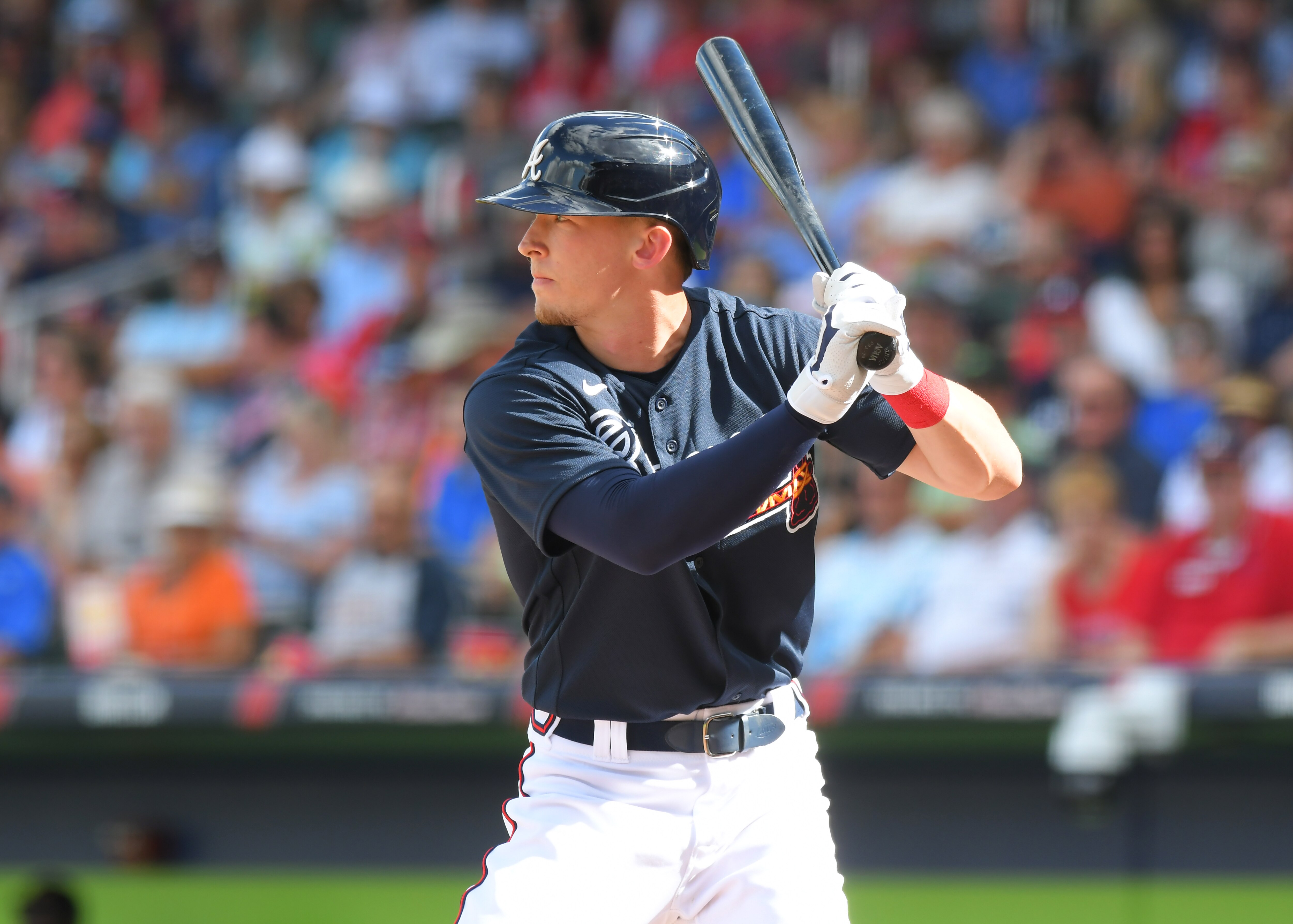 NORTH PORT, FL - FEBRUARY 23:  Drew Waters #81 of the Atlanta Braves bats during the Spring Training game against the Detroit Tigers at CoolToday Park on February 23, 2020 in North Port, Florida. The Tigers defeated the Braves 5-1.  (Photo by Mark Cunningham/MLB Photos via Getty Images)
