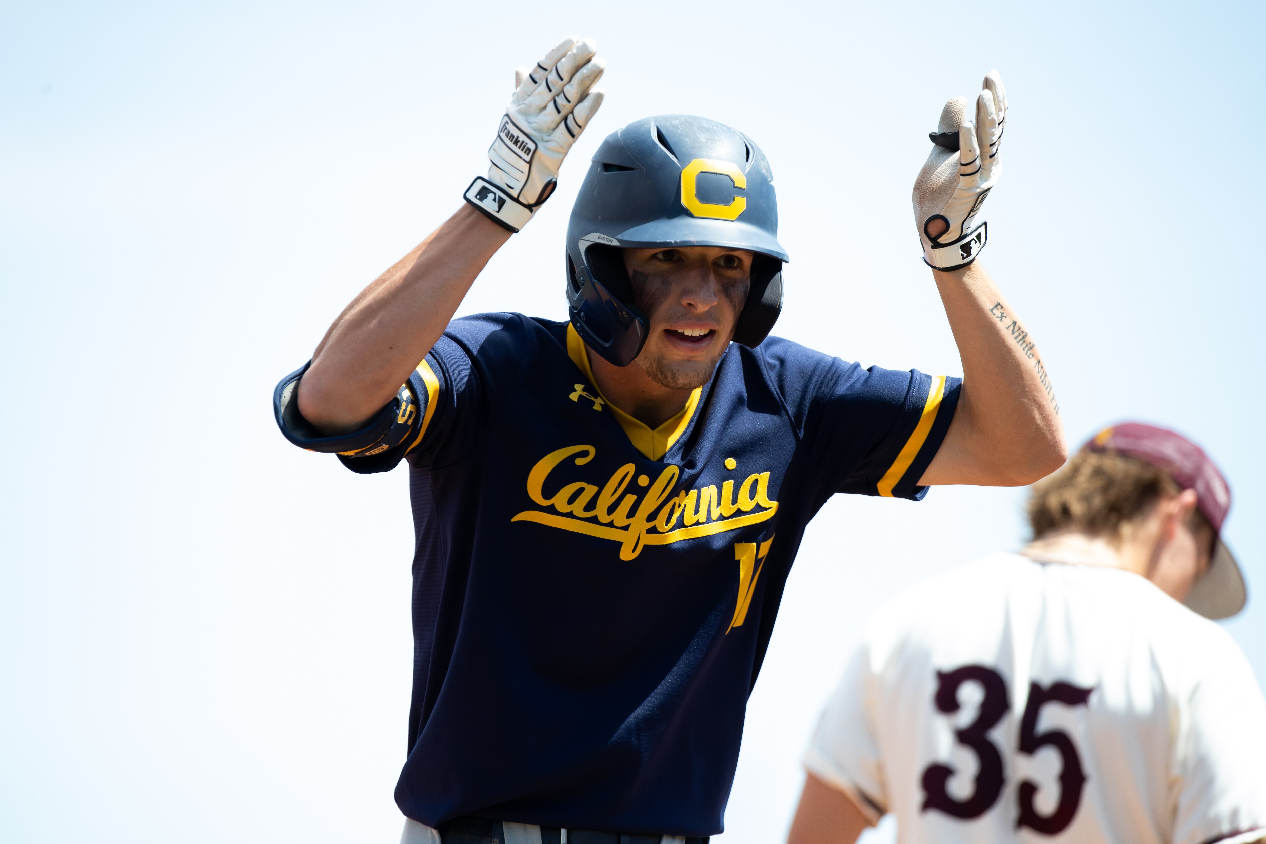 TEMPE, AZ - APRIL 3: California Berkeley Outfielder Dylan Beavers (17) celebrates a triple during a baseball game between the Arizona State Sun Devils and California Berkeley Bears on April 3, 2022, at Phoenix Municipal Stadium, AZ. (Photo by Zac BonDurant/Icon Sportswire via Getty Images)