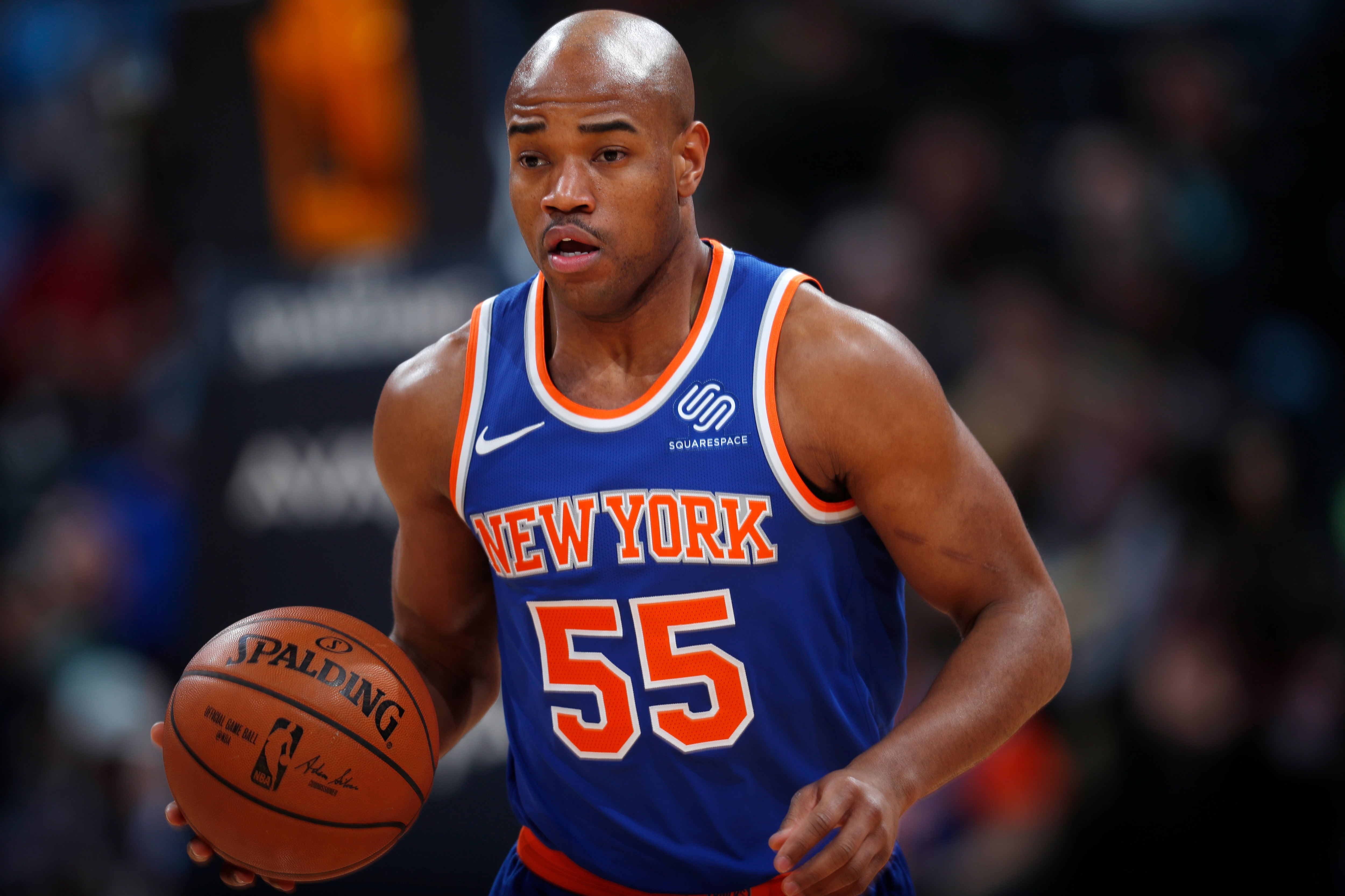 New York Knicks guard Jarrett Jack (55) in the first half of an NBA basketball game Thursday, Jan. 25, 2018, in Denver. (AP Photo/David Zalubowski)
