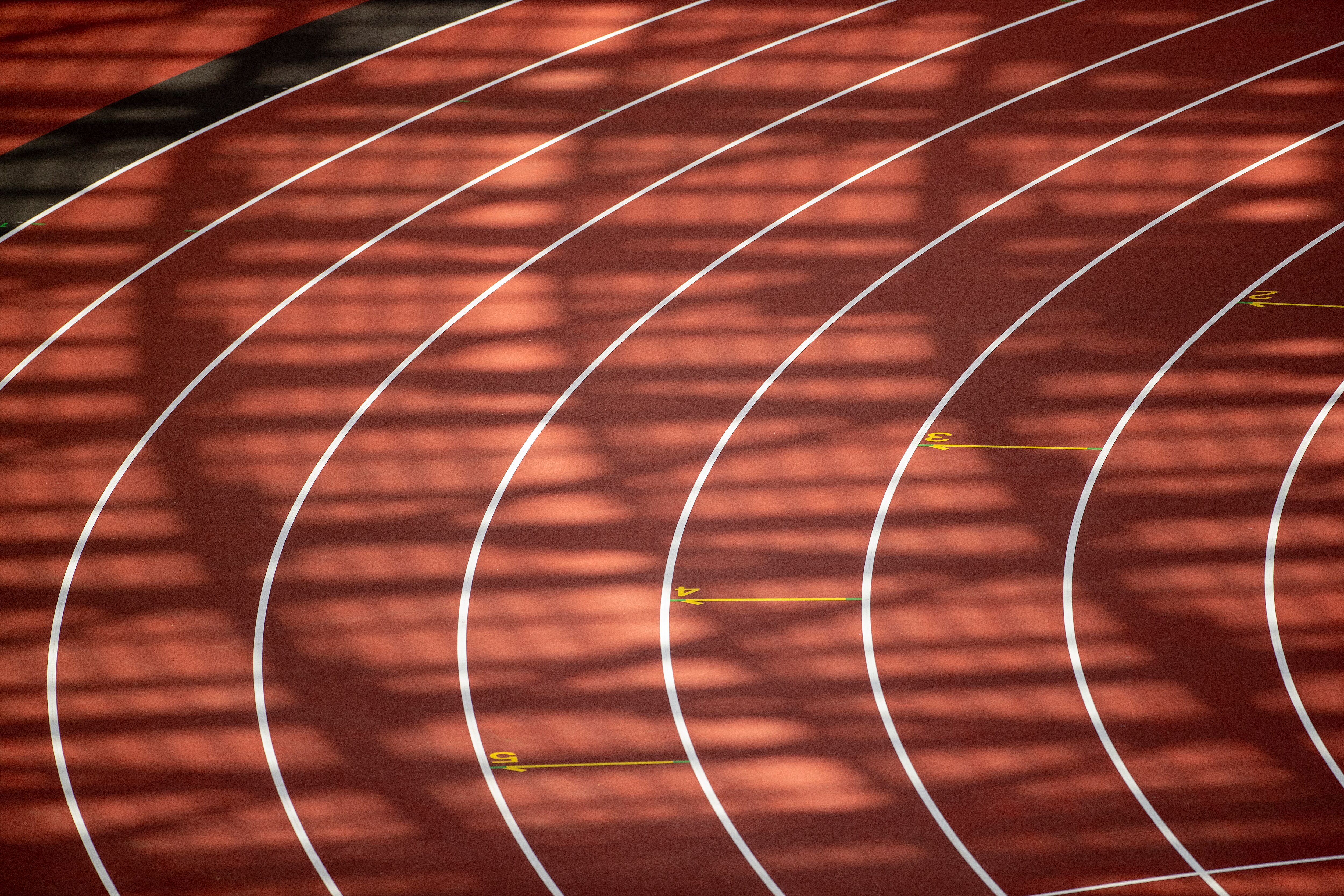 TOKYO, JAPAN August 5:   Stadium shadows form a pattern on the running track at the Olympic Stadium during the Tokyo 2020 Summer Olympic Games on August 5, 2021 in Tokyo, Japan. (Photo by Tim Clayton/Corbis via Getty Images)