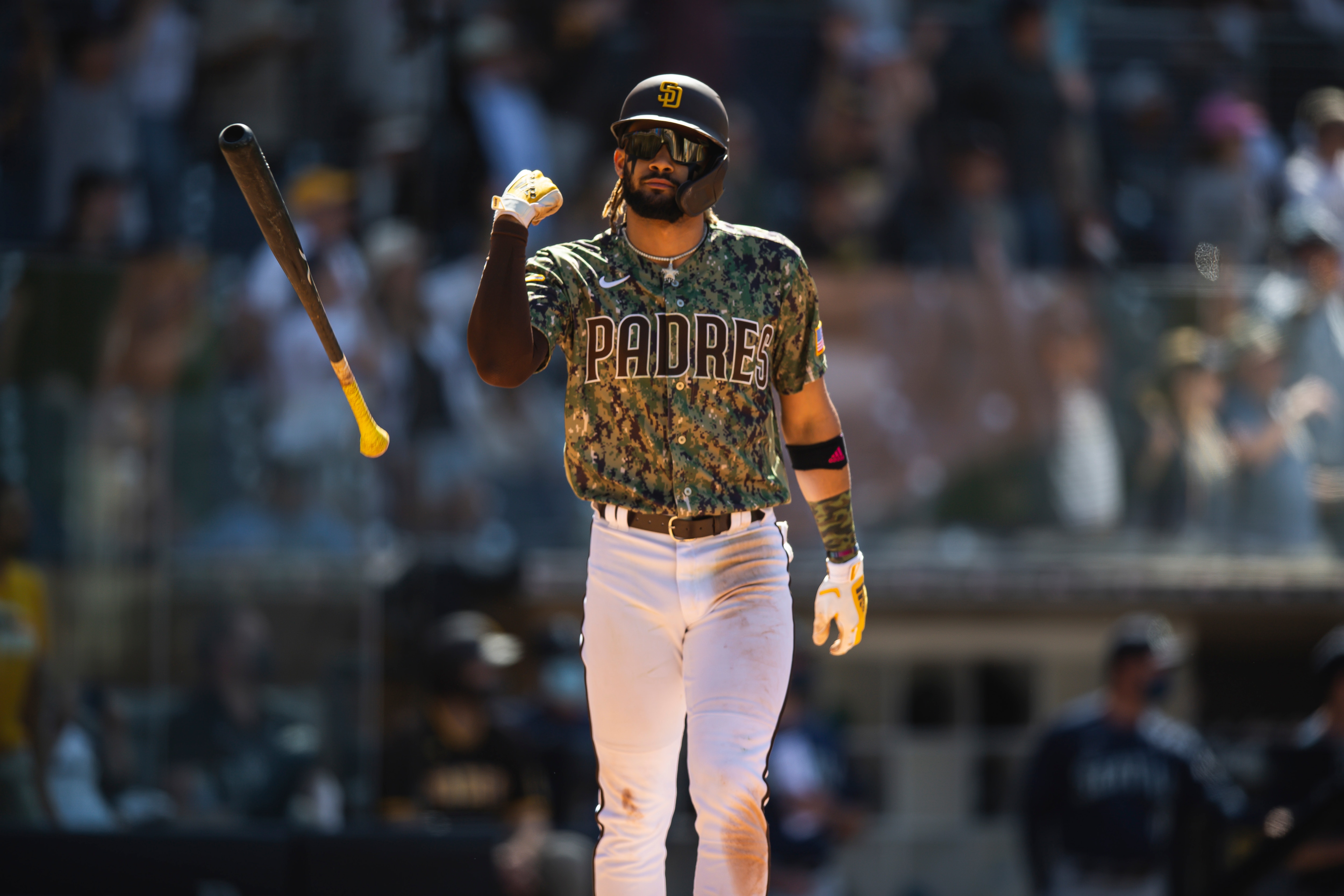 SAN DIEGO, CA - MAY 23: Fernando Tatis Jr. #23 of the San Diego Padres hits a grand slam home run in the seventh inning against the Seattle Mariners at Petco Park on May 23, 2021 in San Diego, California. (Photo by Matt Thomas/San Diego Padres/Getty Images)