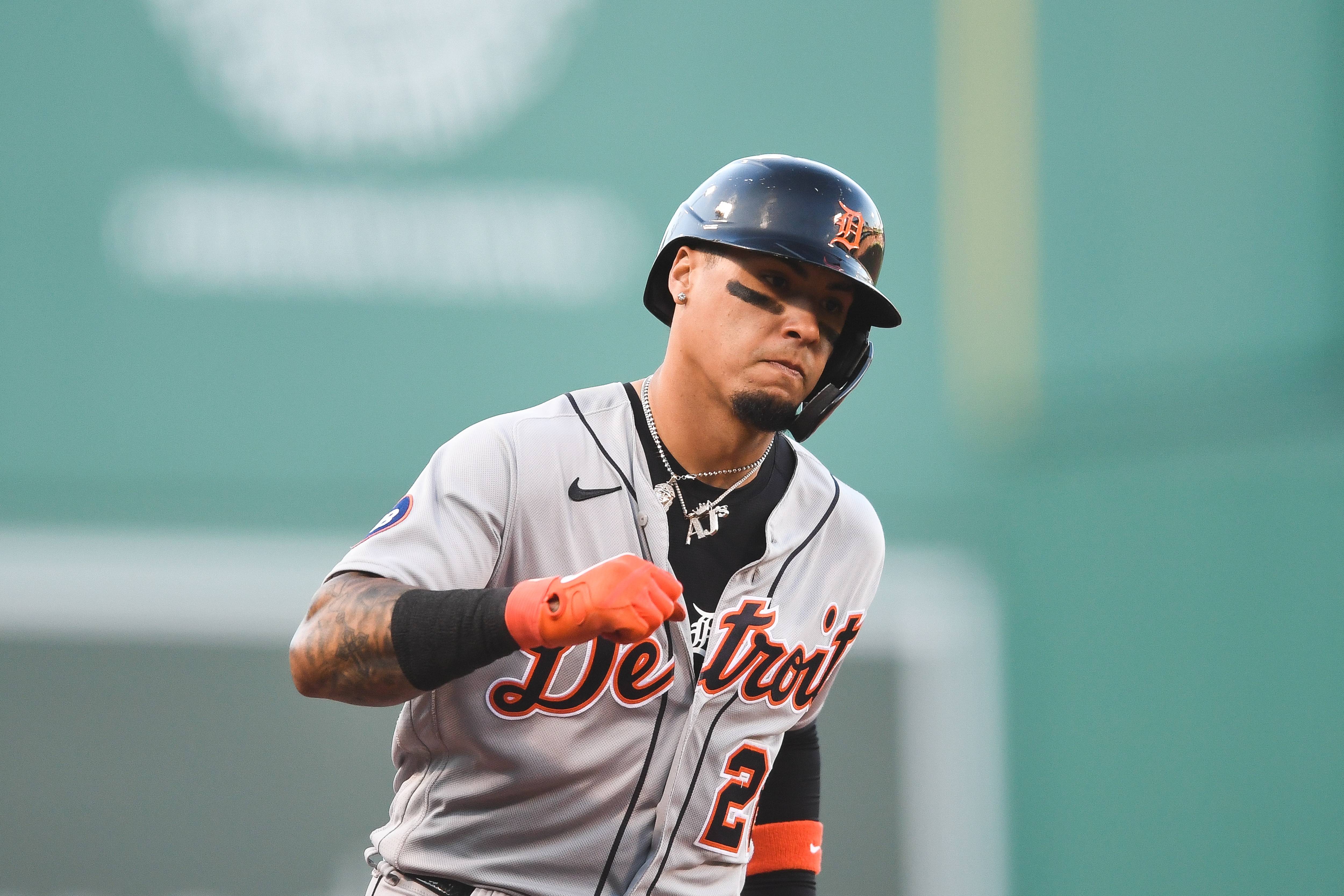 BOSTON, MA - JUNE 22: Javier Baez #28 of the Detroit Tigers fist pumps after hitting a two run home run in the first inning against the Boston Red Sox at Fenway Park on June 23, 2022 in Boston, Massachusetts. (Photo by Kathryn Riley/Getty Images)