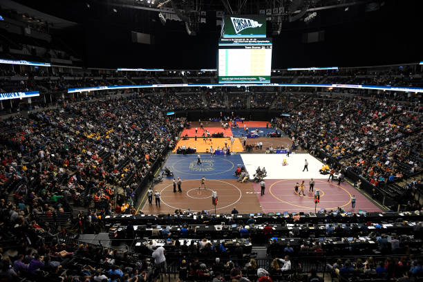 DENVER, CO FEBRUARY 18: 10 mats busy during the last day of the Colorado high school state wrestling tournament at the Pepsi Center. February 18, 2017 Denver, CO. (Photo By Joe Amon/The Denver Post via Getty Images)