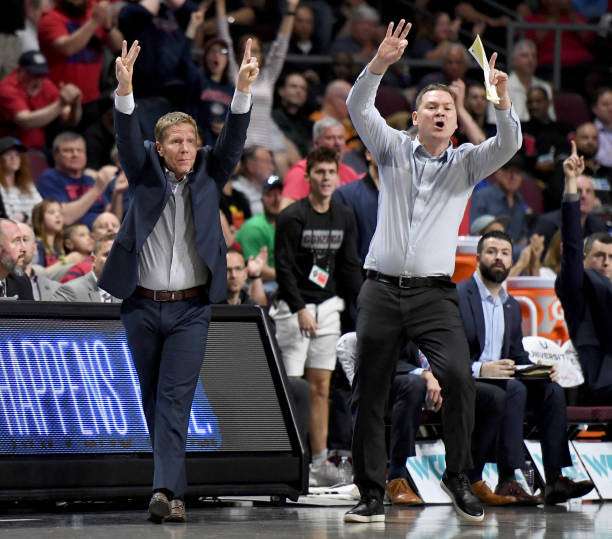 LAS VEGAS, NEVADA - MARCH 09:  Head coach Mark Few (L) and assistant coach Tommy Lloyd of the Gonzaga Bulldogs gesture to their players during the West Coast Conference basketball tournament semifinals against the San Francisco Dons at the Orleans Arena on March 9, 2020 in Las Vegas, Nevada. The Bulldogs defeated the Dons 81-77.  (Photo by Ethan Miller/Getty Images)