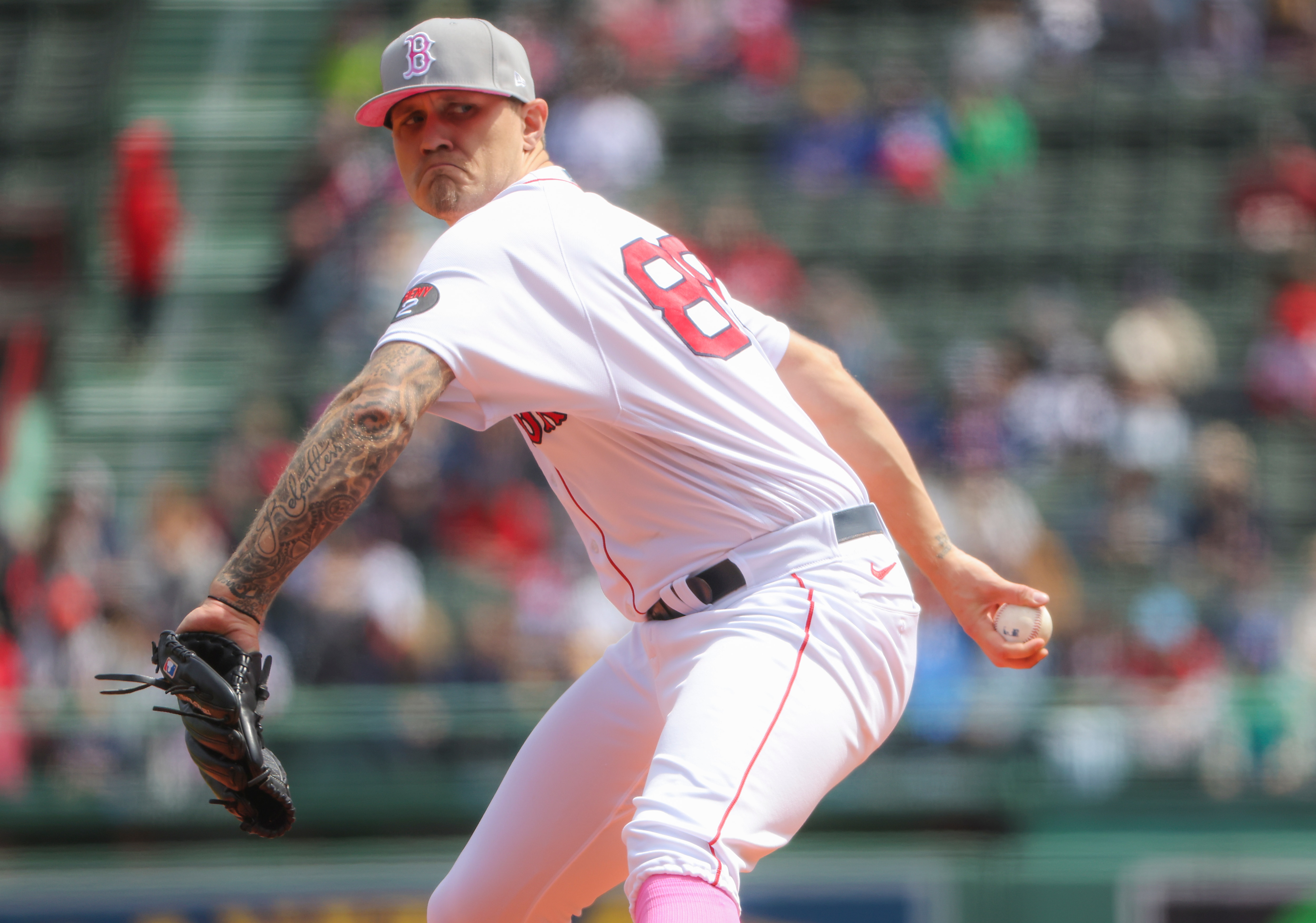 Boston - May 8: Boston Red Sox starting pitcher Tanner Houck delivers a pitch against the Chicago White Sox during first inning MLB action at Fenway Park. The Boston Red Sox host the Chicago White Sox in an MLB game at Fenway Park in Boston on May 8, 2022. (Photo by Matthew J. Lee/The Boston Globe via Getty Images)