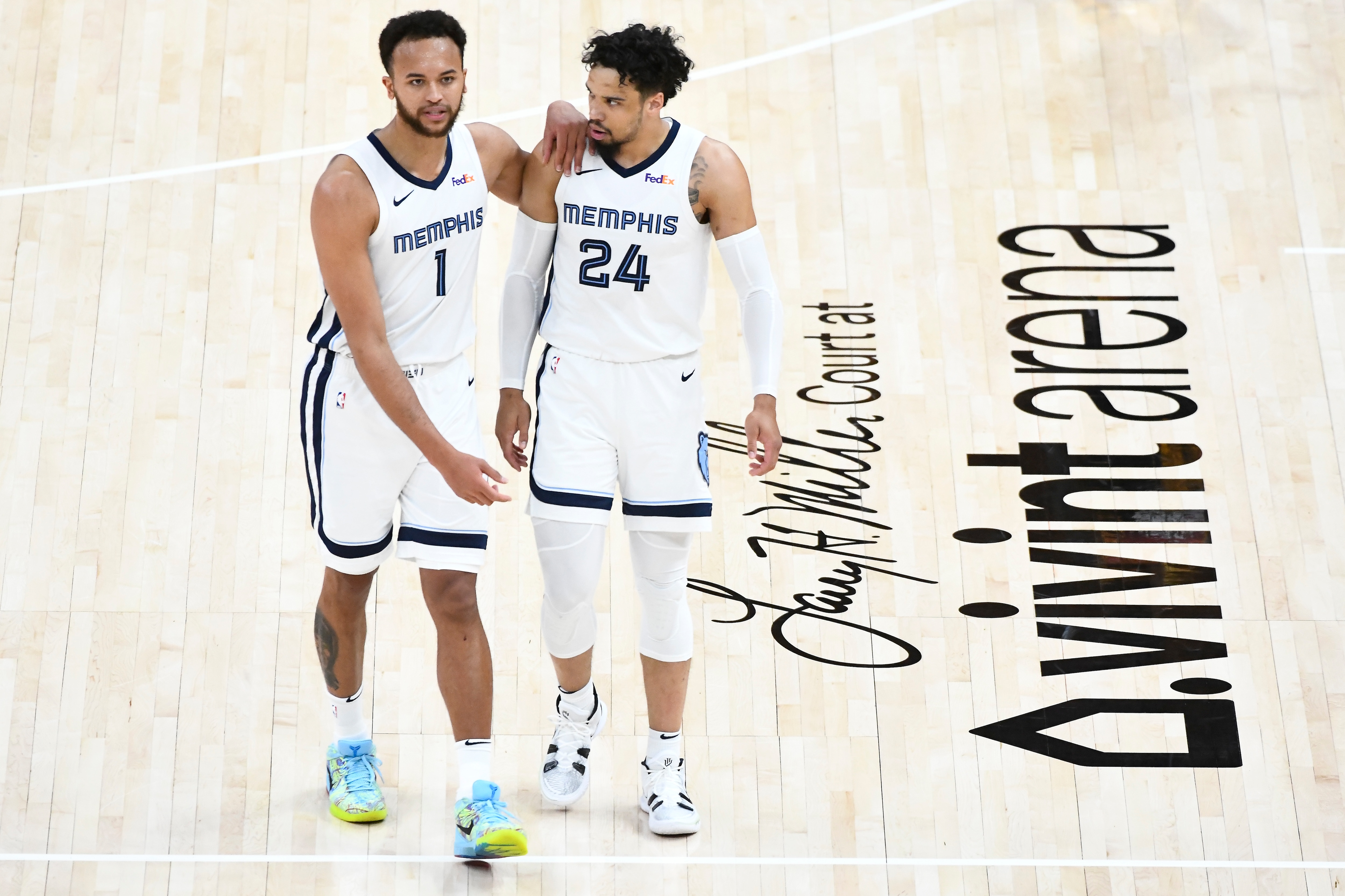 SALT LAKE CITY, UTAH - MAY 26: Kyle Anderson #1 speaks with Dillon Brooks #24 of the Memphis Grizzlies in Game Two of the Western Conference first-round playoff series against the Utah Jazz at Vivint Smart Home Arena on May 26, 2021 in Salt Lake City, Utah. NOTE TO USER: User expressly acknowledges and agrees that, by downloading and/or using this photograph, user is consenting to the terms and conditions of the Getty Images License Agreement. (Photo by Alex Goodlett/Getty Images)
