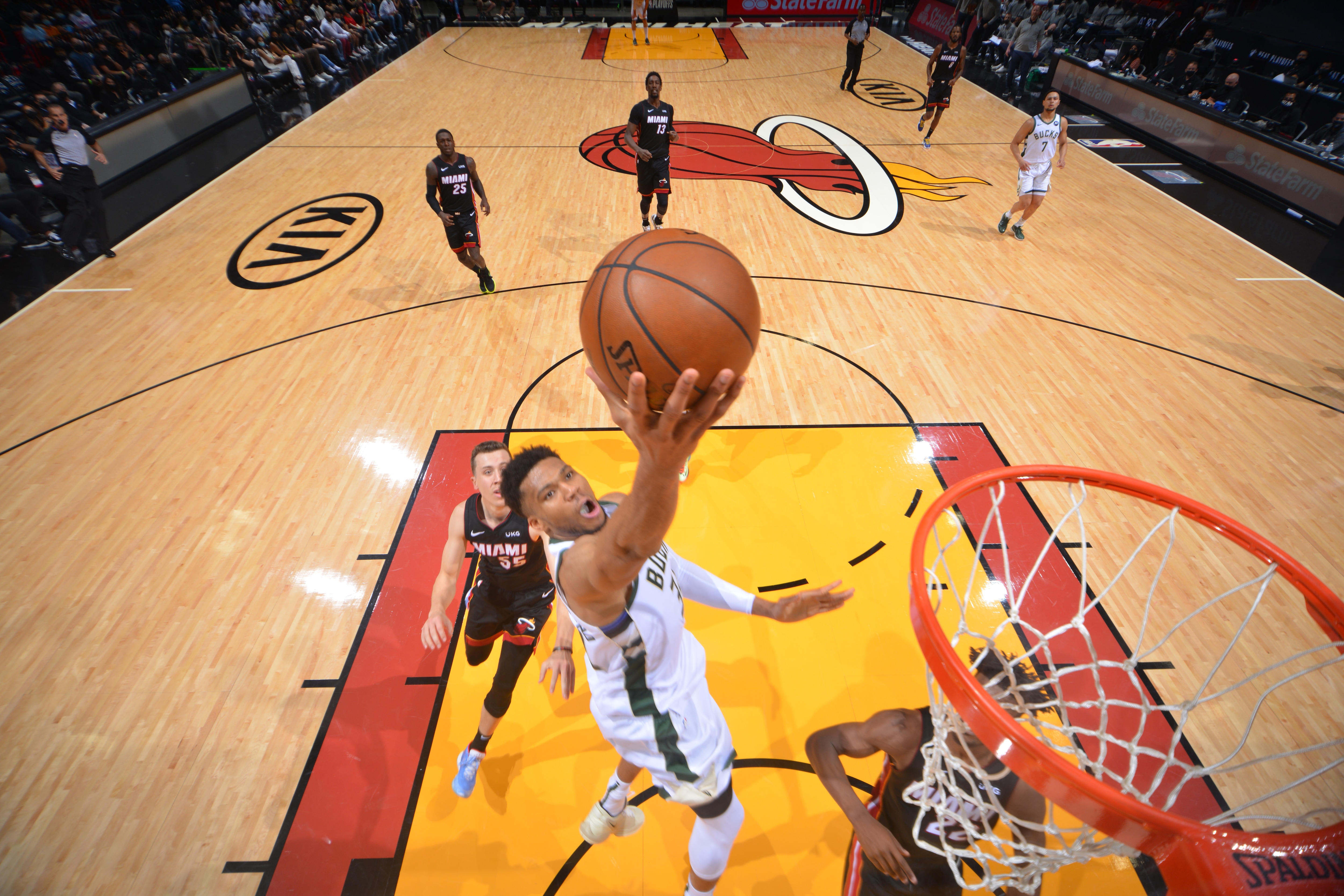 MIAMI, FL - MAY 27: Giannis Antetokounmpo #34 of the Milwaukee Bucks shoots the ball against the Miami Heat during Round One Game Three of the Eastern Conference Playoffs on May 27, 2021 at AmericanAirlines Arena in Miami, Florida. NOTE TO USER: User expressly acknowledges and agrees that, by downloading and/or using this Photograph, user is consenting to the terms and conditions of the Getty Images License Agreement. Mandatory Copyright Notice: Copyright 2021 NBAE (Photo by Jesse D. Garrabrant/NBAE via Getty Images)