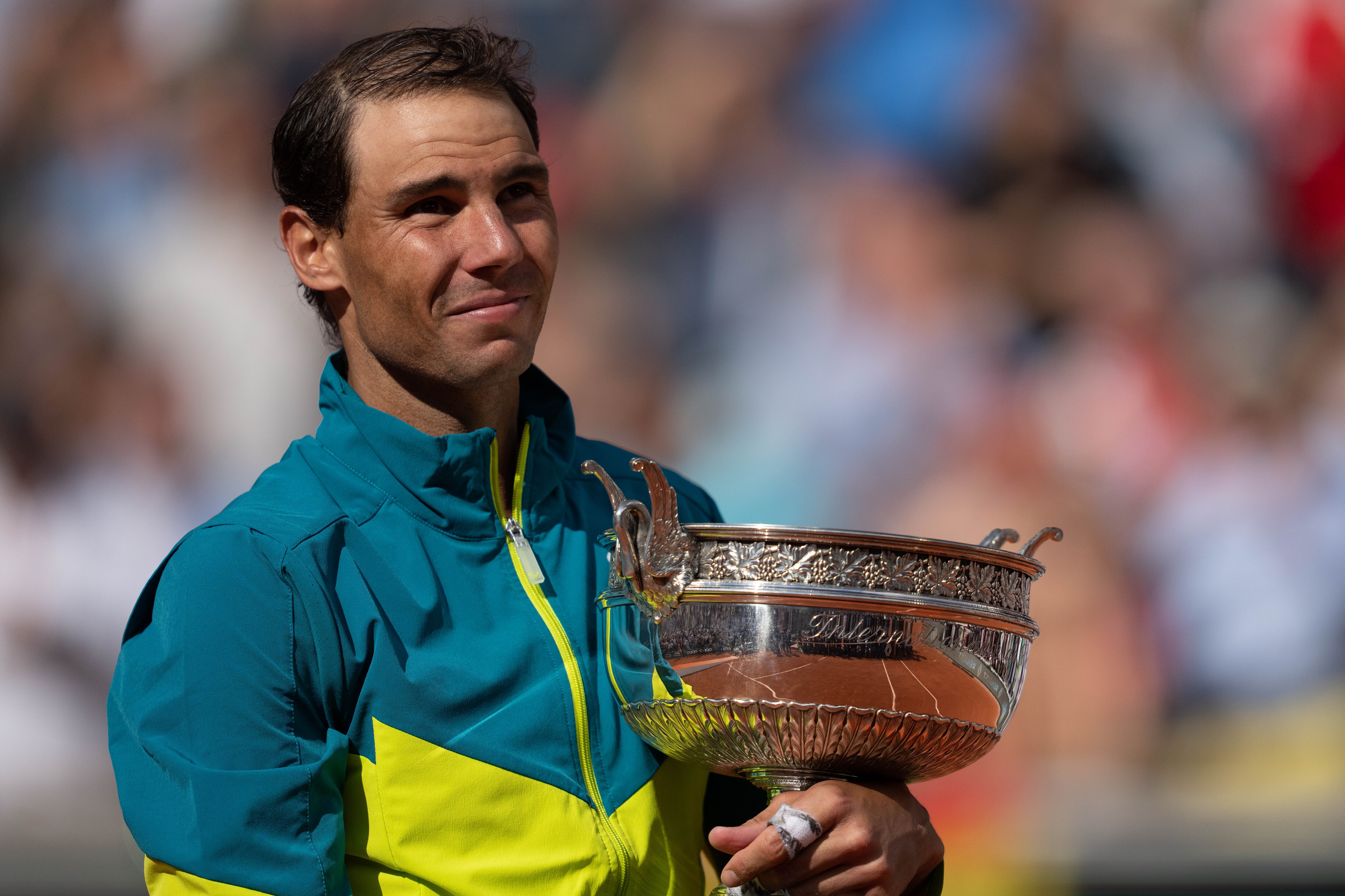 PARIS, FRANCE - June 5: Rafael Nadal of Spain defeats Casper Ruud (not seen) of Norway in the menâs final match and wins the French Open tennis tournament, Roland âGarros in Paris, France on June 5, 2022. (Photo by Mine Kasapoglu/Anadolu Agency via Getty Images)