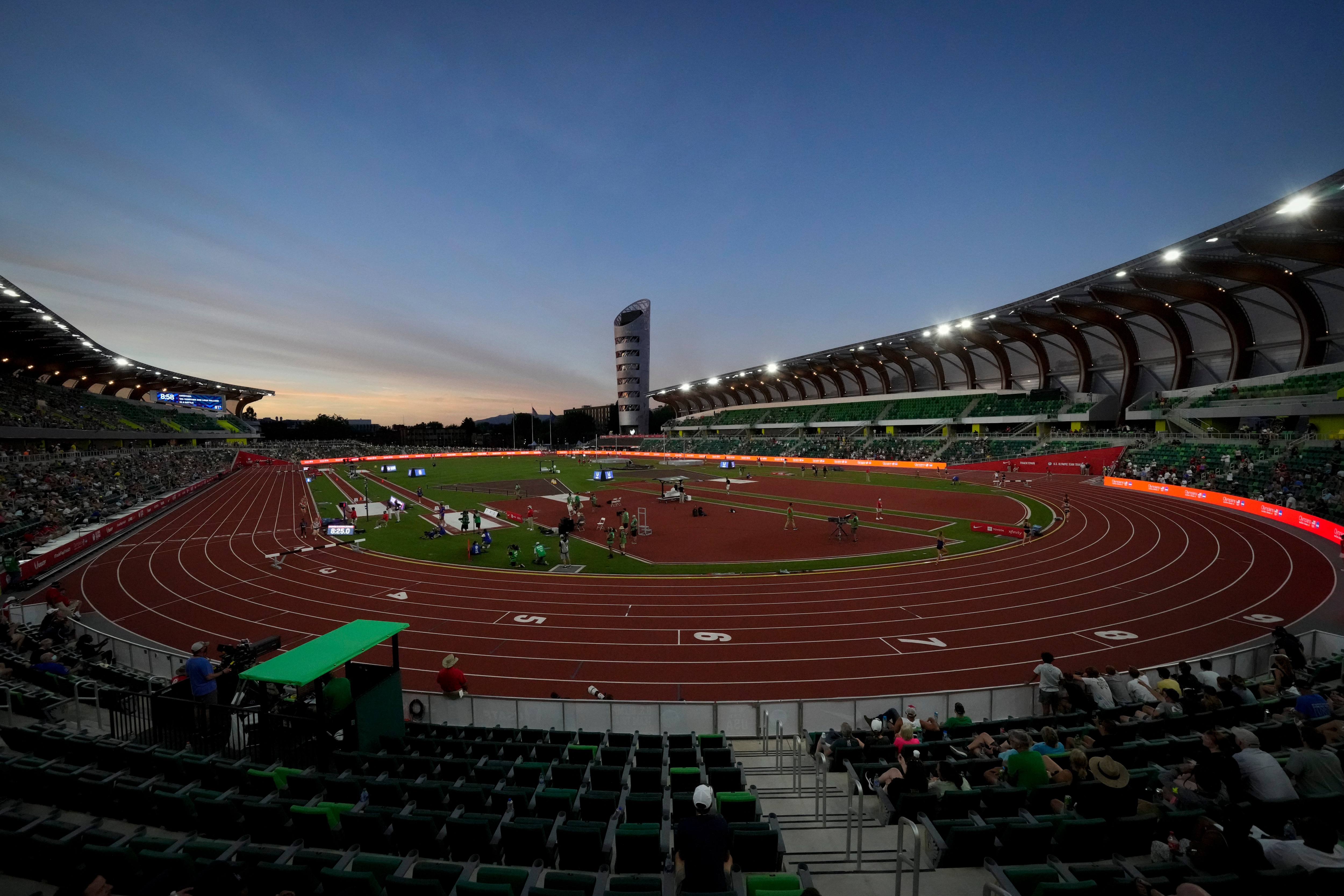 Runners compete in the women's 3000-meter steeplechase at the U.S. Olympic Track and Field Trials Thursday, June 24, 2021, in Eugene, Ore. (AP Photo/Chris Carlson)
