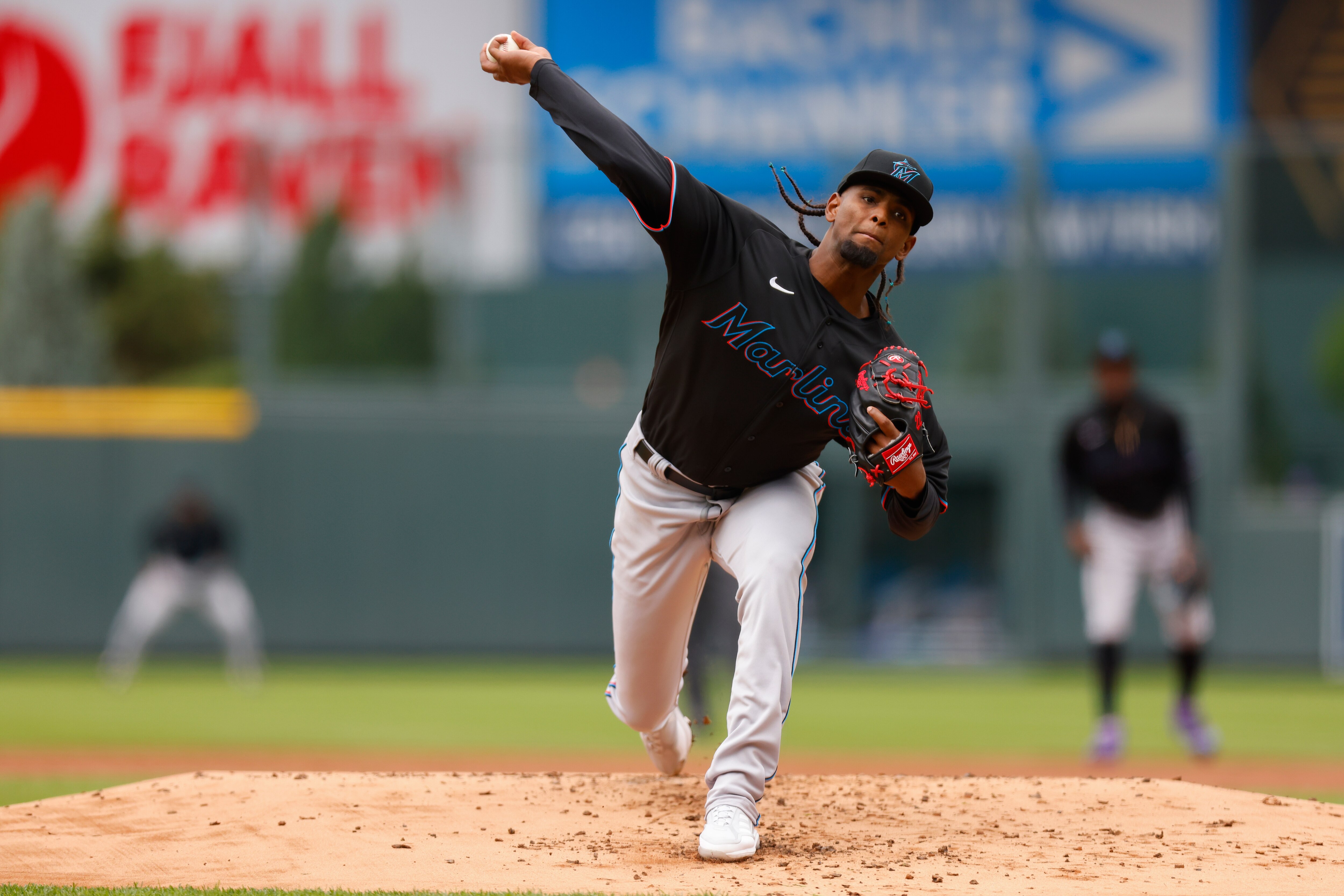 DENVER, CO - JUNE 1:  Starting pitcher Edward Cabrera #27 of the Miami Marlins delivers to home plate in the first inning against the Colorado Rockies in game one of a double header at Coors Field on June 1, 2022 in Denver, Colorado. (Photo by Justin Edmonds/Getty Images)