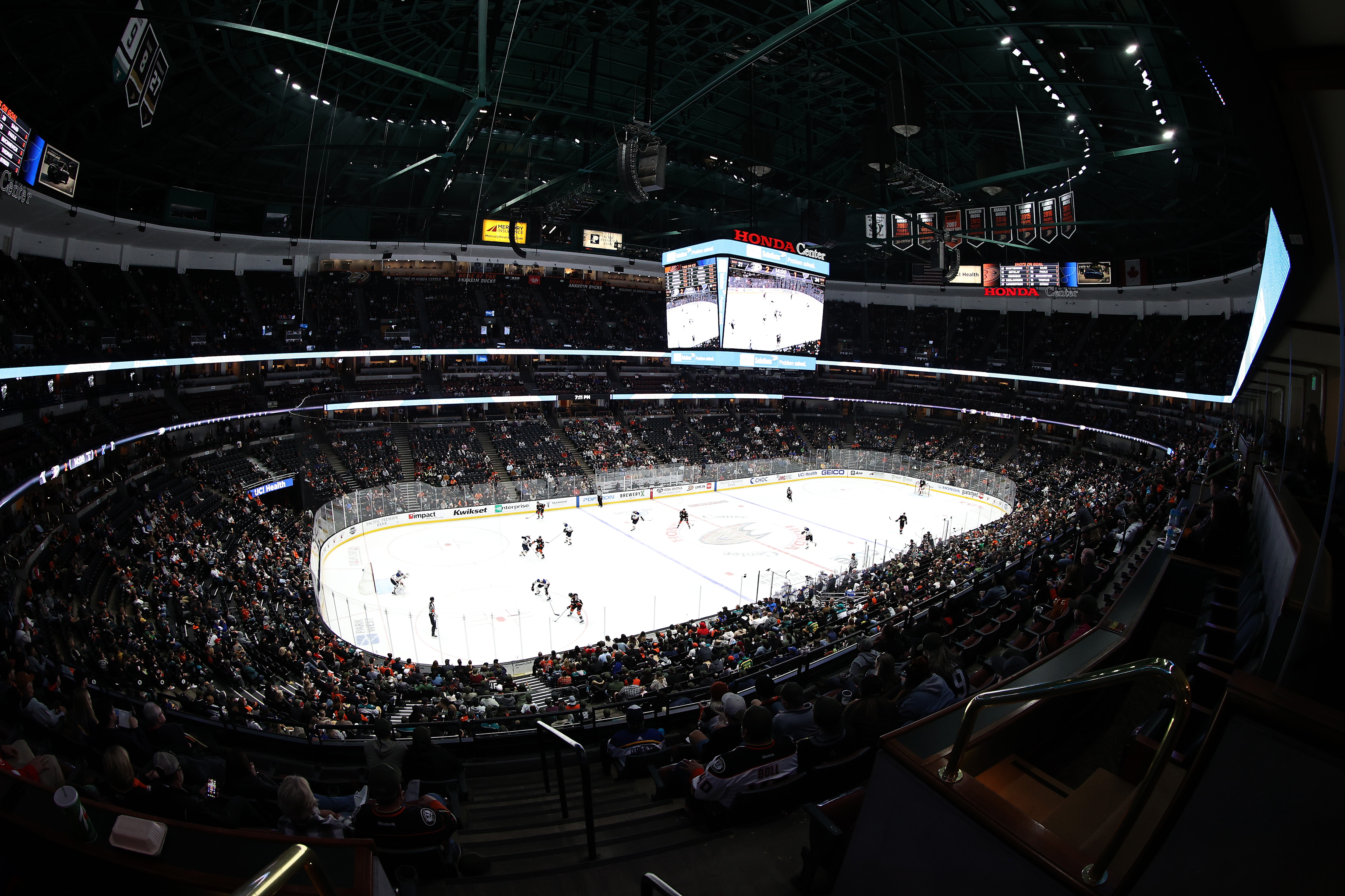 ANAHEIM, CALIFORNIA - NOVEMBER 07: A general view inside the Honda Center during the third period of a game between the Anaheim Ducks and the St. Louis Blues on November 07, 2021 in Anaheim, California. (Photo by Sean M. Haffey/Getty Images)
