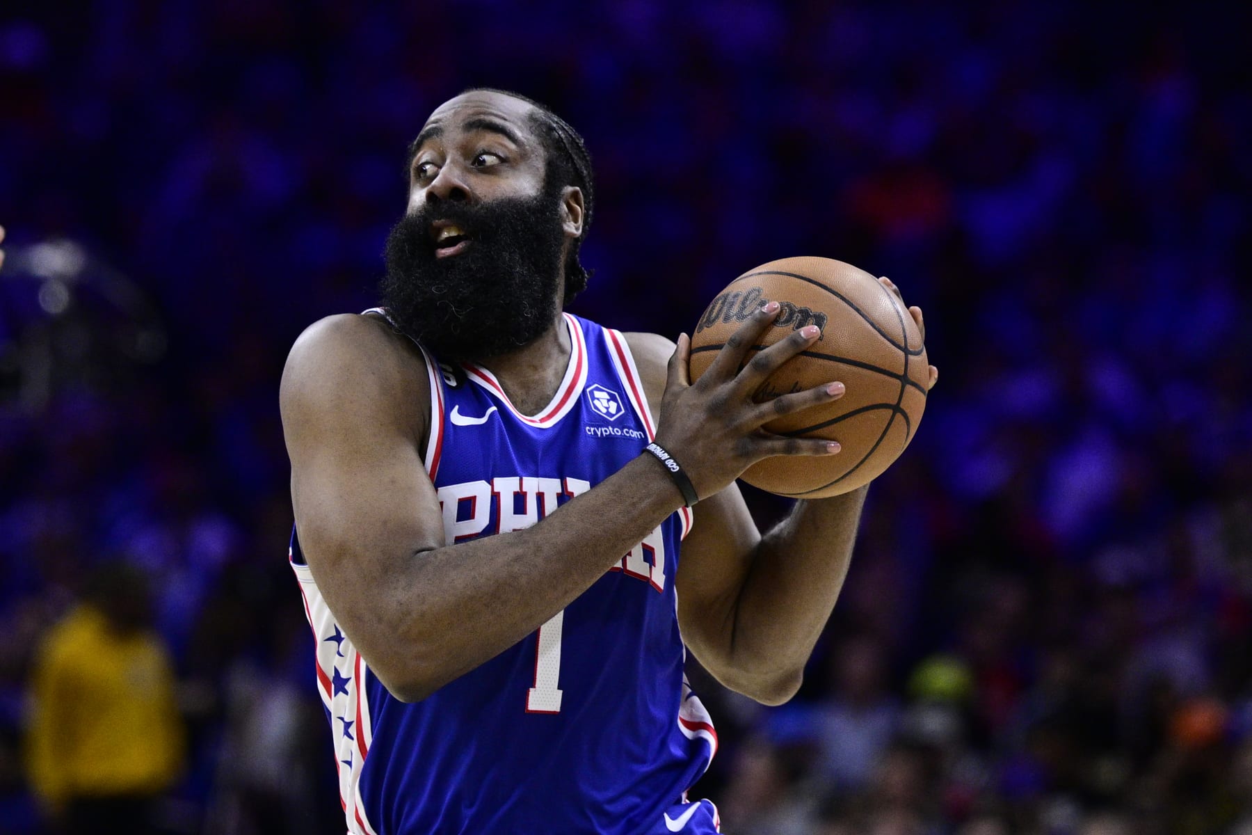 Philadelphia 76ers' James Harden in action during Game 2 in the first round of the NBA basketball playoffs against the Brooklyn Nets, Monday, April 17, 2023, in Philadelphia. (AP Photo/Derik Hamilton)