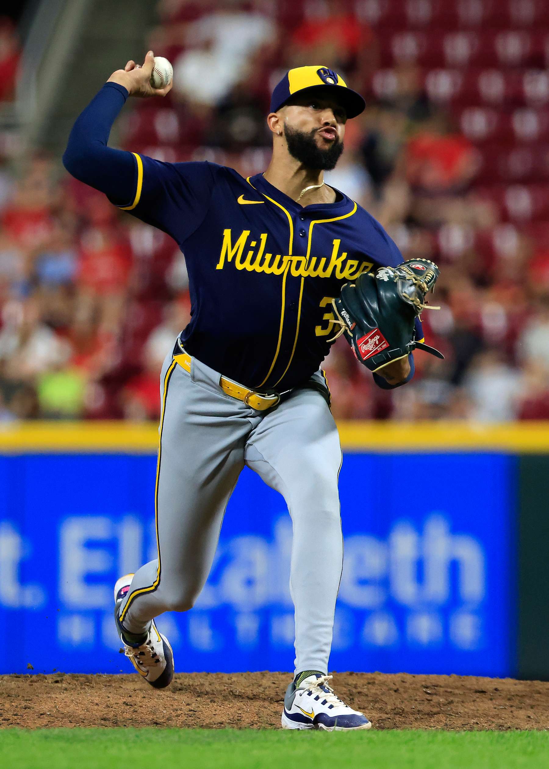 CINCINNATI, OHIO - AUGUST 31: Devin Williams #38 of the Milwaukee Brewers throws a pitch during the ninth inning against the Cincinnati Reds at Great American Ball Park on August 31, 2024 in Cincinnati, Ohio. (Photo by Justin Casterline/Getty Images)