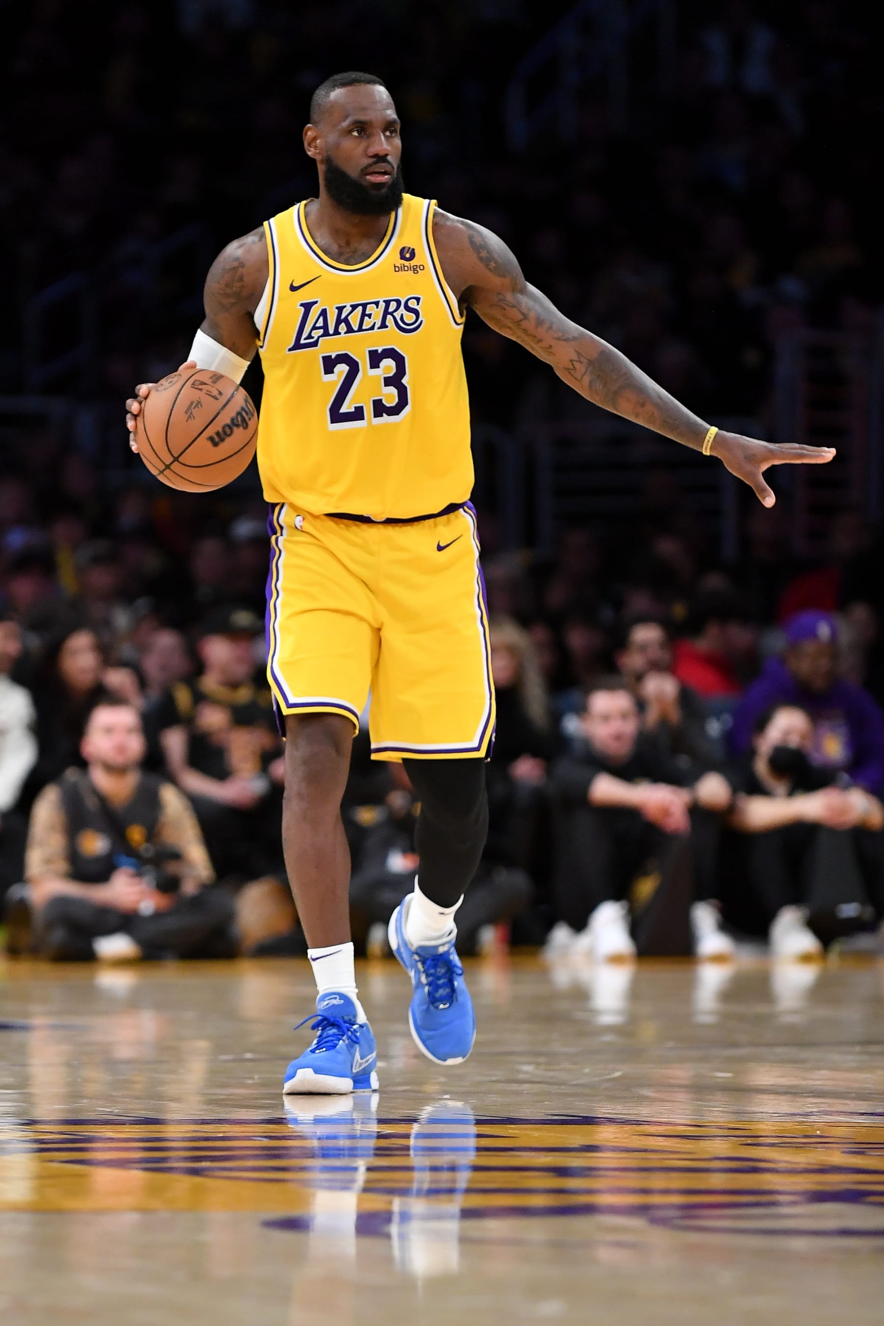 LOS ANGELES, CALIFORNIA - MARCH 06: LeBron James #23 of the Los Angeles Lakers dribbles the ball during the second half of the game against the Sacramento Kings at Crypto.com Arena on March 06, 2024 in Los Angeles, California. NOTE TO USER: User expressly acknowledges and agrees that, by downloading and or using this photograph, User is consenting to the terms and conditions of the Getty Images License Agreement. (Photo by Allen Berezovsky/Getty Images)