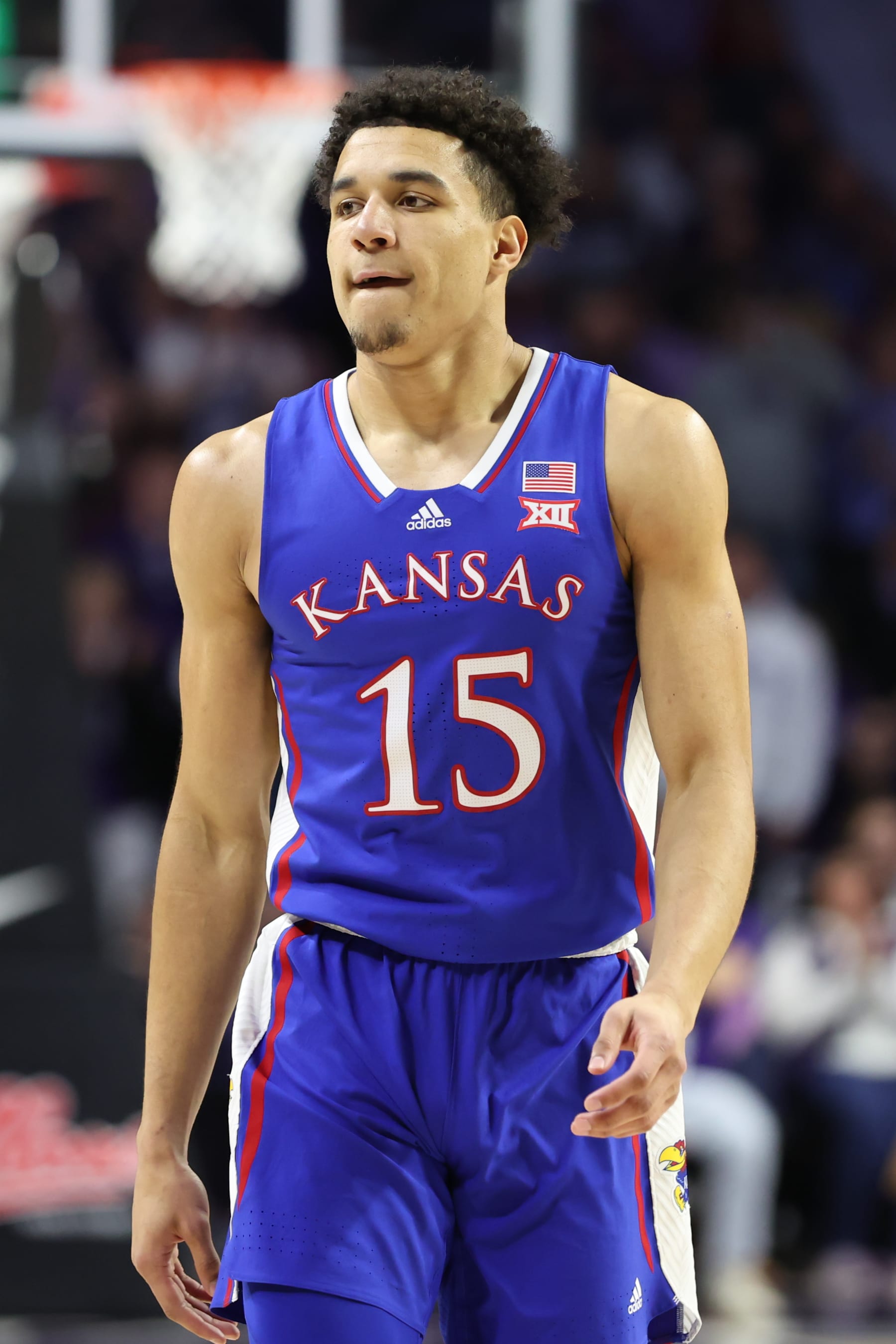 MANHATTAN, KS - FEBRUARY 05: Kansas Jayhawks guard Kevin McCullar Jr. (15) in the first half of a Big 12 basketball game between the Kansas Jayhawks and Kansas State Wildcats on Feb 5, 2024 at Bramlage Coliseum in Manhattan, KS. (Photo by Scott Winters/Icon Sportswire via Getty Images)