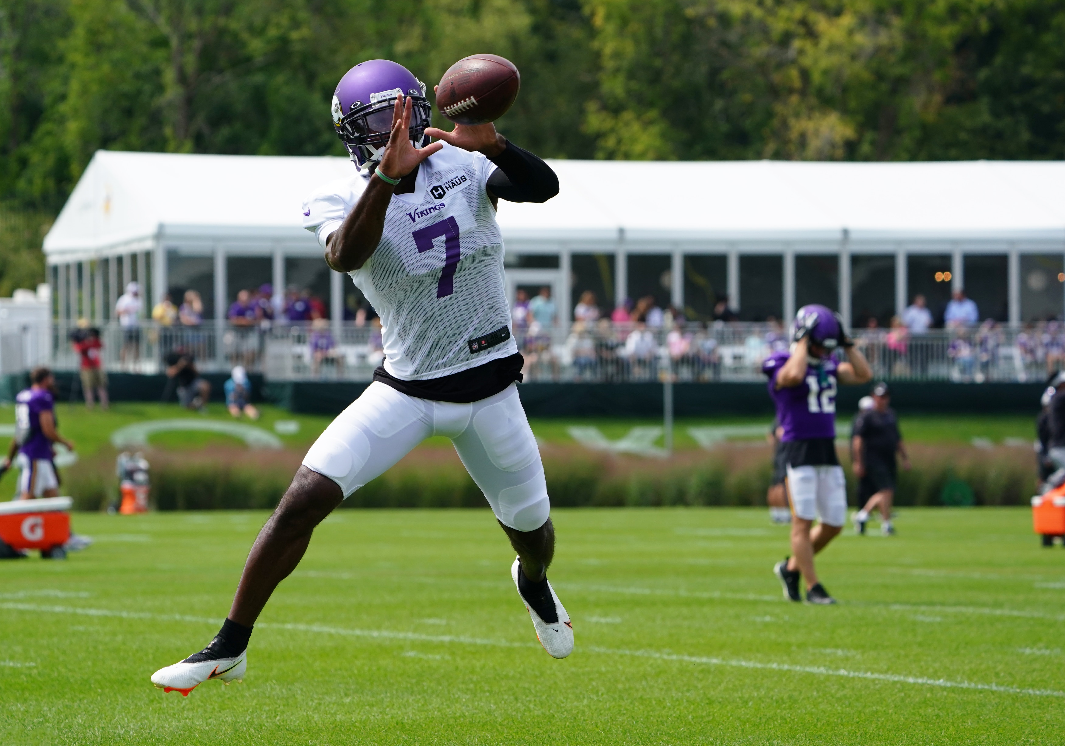 EAGAN, MN - AUGUST 04: Minnesota Vikings cornerback Patrick Peterson (7) makes a catch during training camp at Twin Cities Orthopedics Performance Center in Eagan, MN on August 4, 2021.(Photo by Nick Wosika/Icon Sportswire via Getty Images)