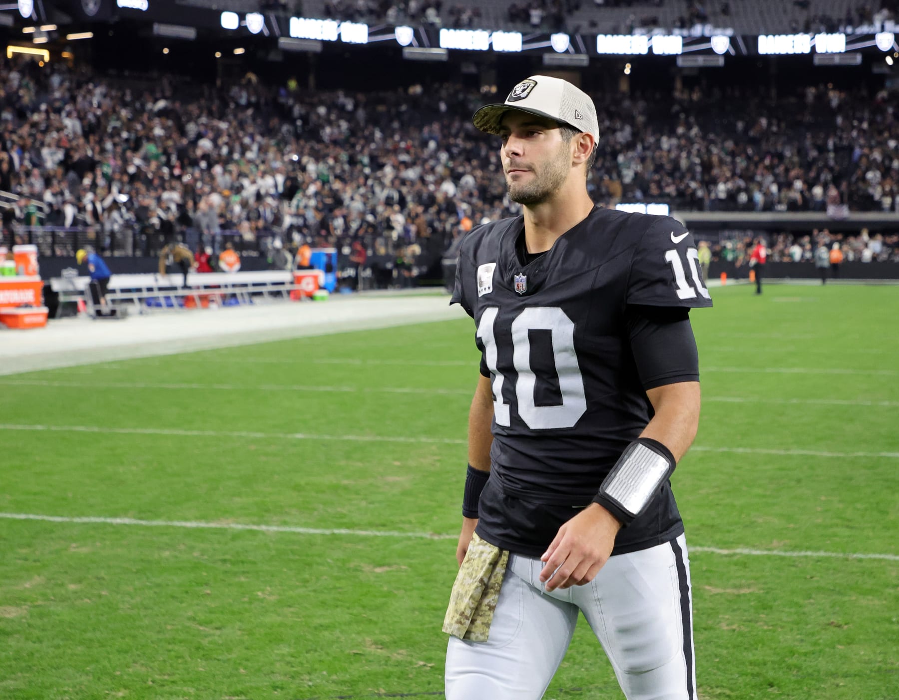 LAS VEGAS, NEVADA - NOVEMBER 12: Quarterback Jimmy Garoppolo #10 leaves the field after the Raiders' 16-12 victory over the New York Jets at Allegiant Stadium on November 12, 2023 in Las Vegas, Nevada. (Photo by Ethan Miller/Getty Images)