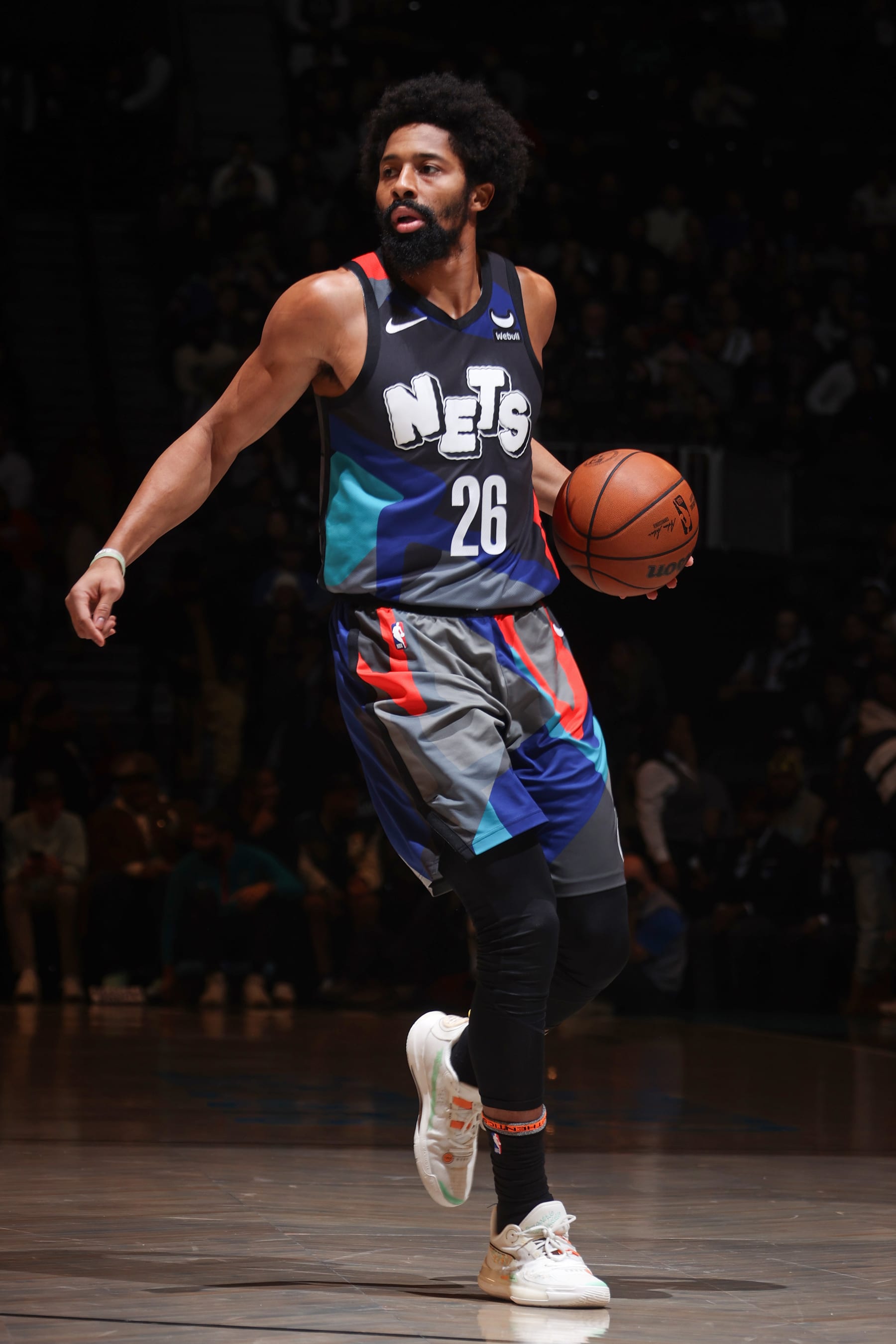 BROOKLYN, NY - JANUARY 31: Spencer Dinwiddie #26 of the Brooklyn Nets looks on during the game against the Phoenix Suns on January 31, 2024 at Barclays Center in Brooklyn, New York. NOTE TO USER: User expressly acknowledges and agrees that, by downloading and or using this Photograph, user is consenting to the terms and conditions of the Getty Images License Agreement. Mandatory Copyright Notice: Copyright 2024 NBAE (Photo by Nathaniel S. Butler/NBAE via Getty Images)