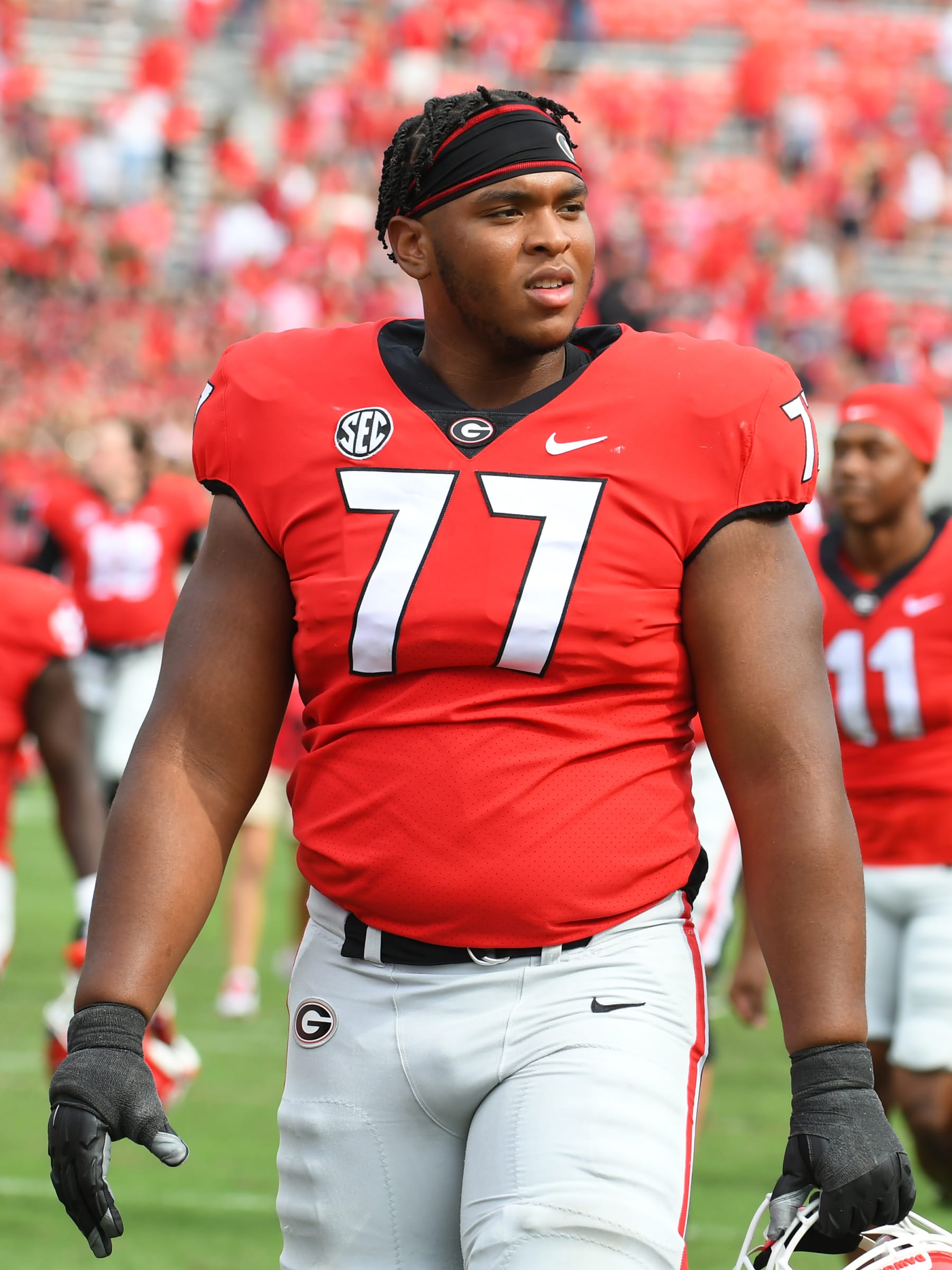 ATHENS, GA - OCTOBER 02: Georgia Bulldogs Offensive Linemen Devin Willock (77) after the college football game between the Arkansas Razorbacks and the Georgia Bulldogs on October 02, 2021, at Sanford Stadium in Athens, Ga.(Photo by Jeffrey Vest/Icon Sportswire via Getty Images)