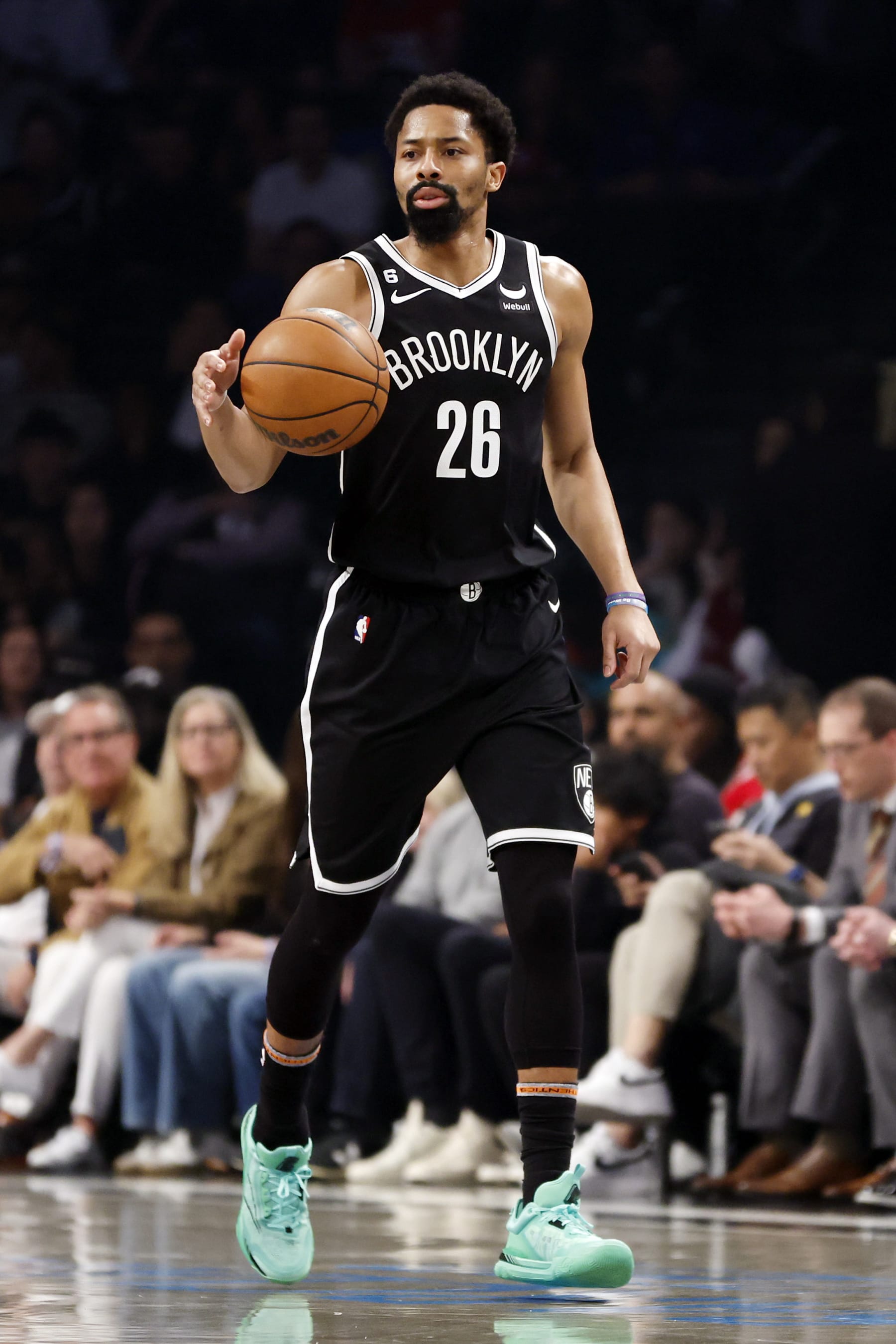 NEW YORK, NEW YORK - APRIL 22: Spencer Dinwiddie #26 of the Brooklyn Nets dribbles against the Philadelphia 76ers during the first half of Game Four of the Eastern Conference First Round Playoffs at Barclays Center on April 22, 2023 in the Brooklyn borough of New York City. NOTE TO USER: User expressly acknowledges and agrees that, by downloading and or using this photograph, User is consenting to the terms and conditions of the Getty Images License Agreement. (Photo by Sarah Stier/Getty Images)