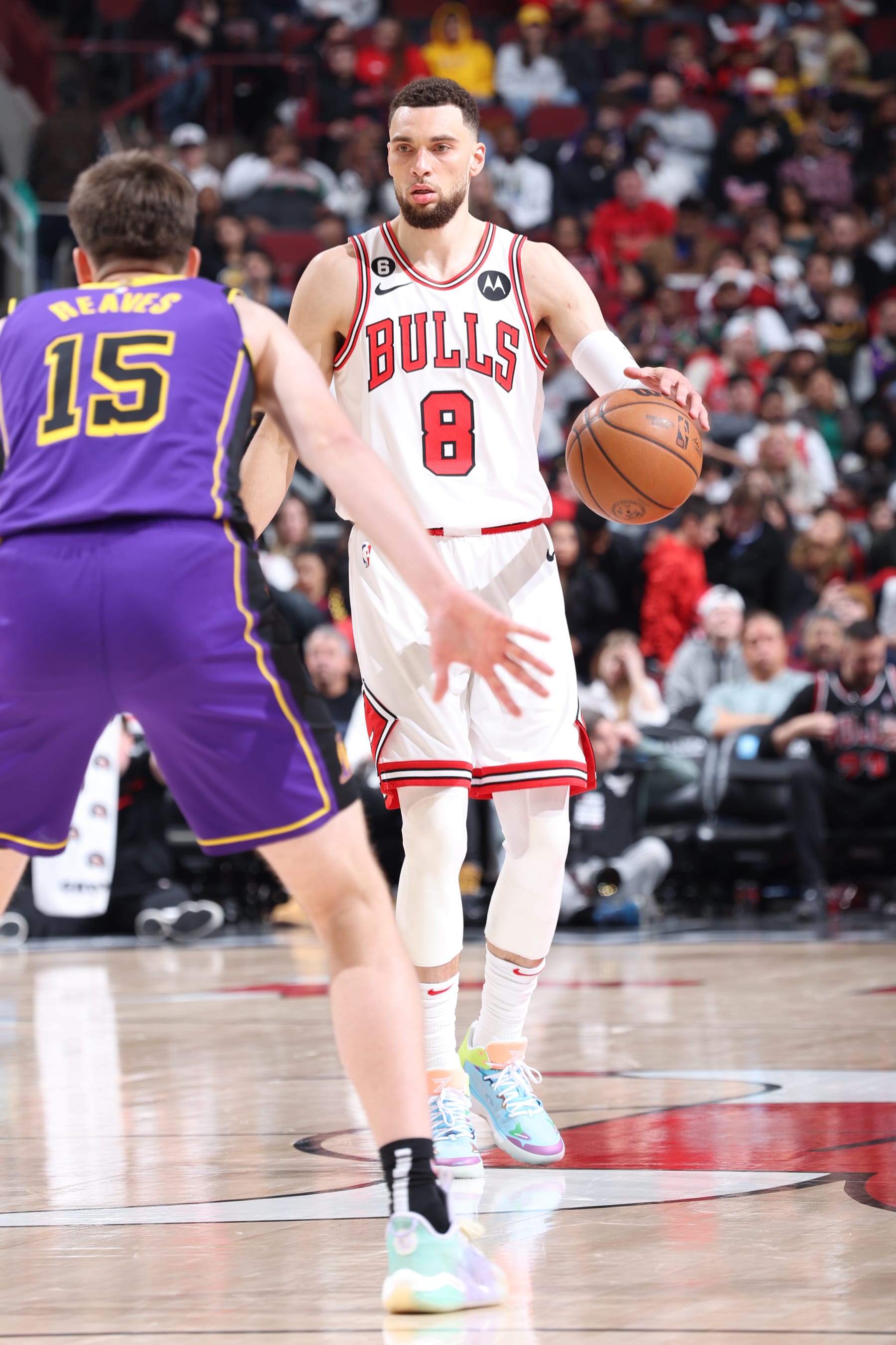 CHICAGO, IL - MARCH 29:  Zach LaVine #8 of the Chicago Bulls handles the ball during the game on March 29, 2023 at United Center in Chicago, Illinois. NOTE TO USER: User expressly acknowledges and agrees that, by downloading and or using this photograph, User is consenting to the terms and conditions of the Getty Images License Agreement. Mandatory Copyright Notice: Copyright 2023 NBAE (Photo by Jeff Haynes/NBAE via Getty Images)