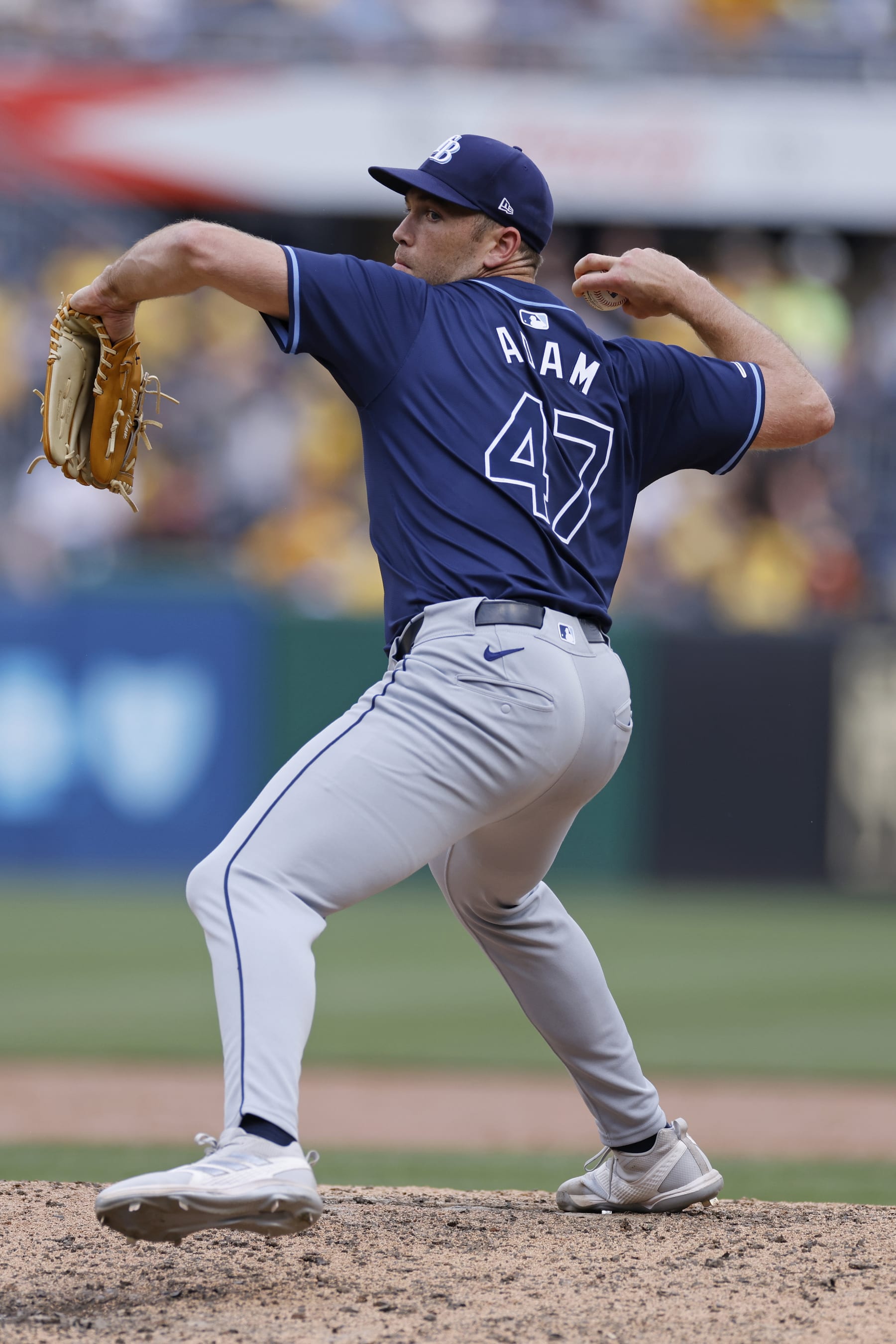 PITTSBURGH, PA - JUNE 23: Tampa Bay Rays pitcher Jason Adam (47) delivers a pitch during an MLB game against the Pittsburgh Pirates on June 23, 2024 at PNC Park in Pittsburgh, Pennsylvania. (Photo by Joe Robbins/Icon Sportswire via Getty Images)