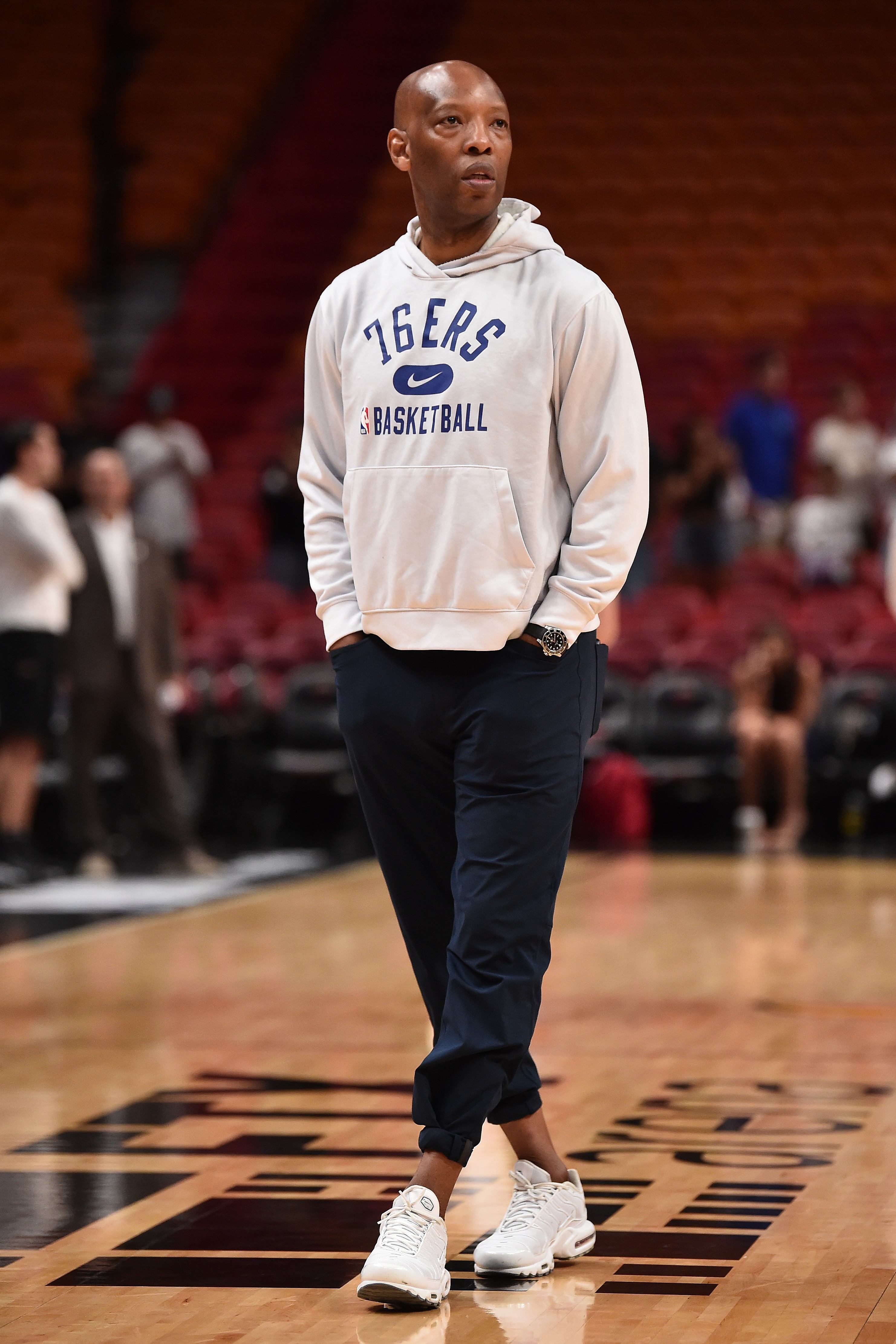 MIAMI, FL - MAY 10: Assistant Coach Sam Cassell of the Philadelphia 76ers looks on before Game 5 of the 2022 NBA Playoffs Eastern Conference Semifinals on May 10, 2022 at FTX Arena in Miami, Florida. NOTE TO USER: User expressly acknowledges and agrees that, by downloading and or using this Photograph, user is consenting to the terms and conditions of the Getty Images License Agreement. Mandatory Copyright Notice: Copyright 2022 NBAE (Photo by David Dow/NBAE via Getty Images)