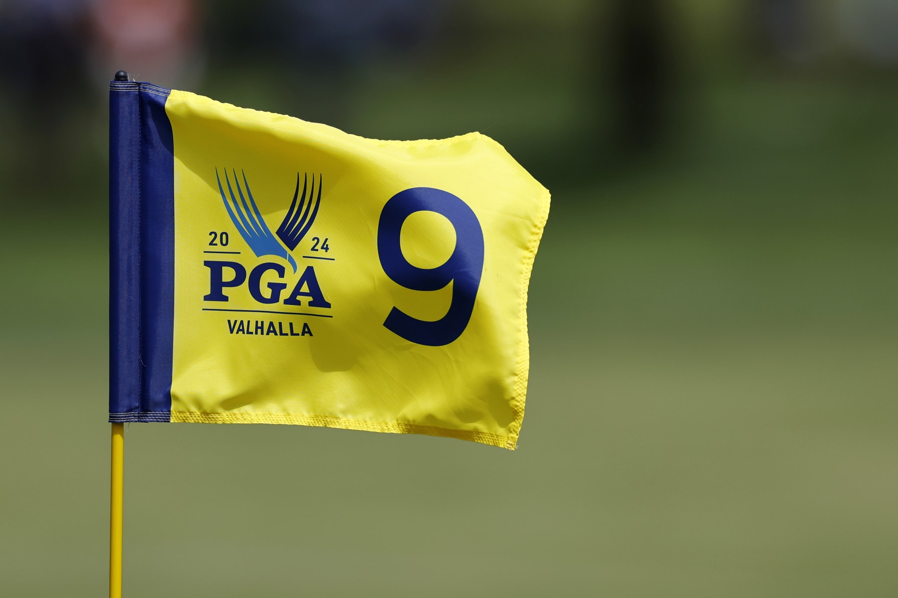 LOUISVILLE, KY - MAY 13: A detailed view of the ninth hole flag during a practice round prior to the 2024 PGA Championship on May 13, 2024, at Valhalla Golf Club in Louisville, Kentucky. (Photo by Joe Robbins/Icon Sportswire via Getty Images)