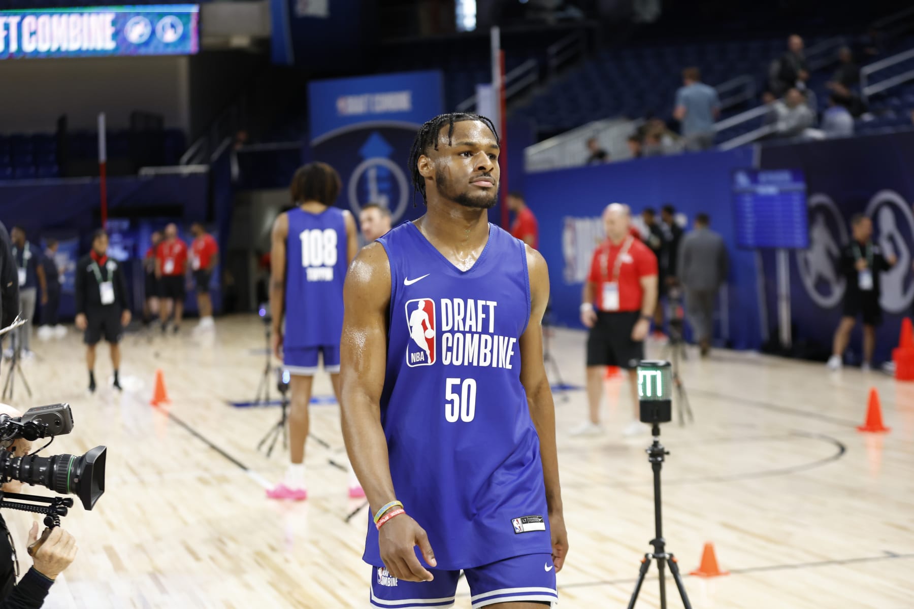 CHICAGO, IL - MAY 13: Bronny James looks on during the 2024 NBA Combine on May 13, 2024 at Wintrust Arena in Chicago, Illinois. NOTE TO USER: User expressly acknowledges and agrees that, by downloading and or using this photograph, User is consenting to the terms and conditions of the Getty Images License Agreement. Mandatory Copyright Notice: Copyright 2024 NBAE (Photo by Kamil Krzaczynski/NBAE via Getty Images)
