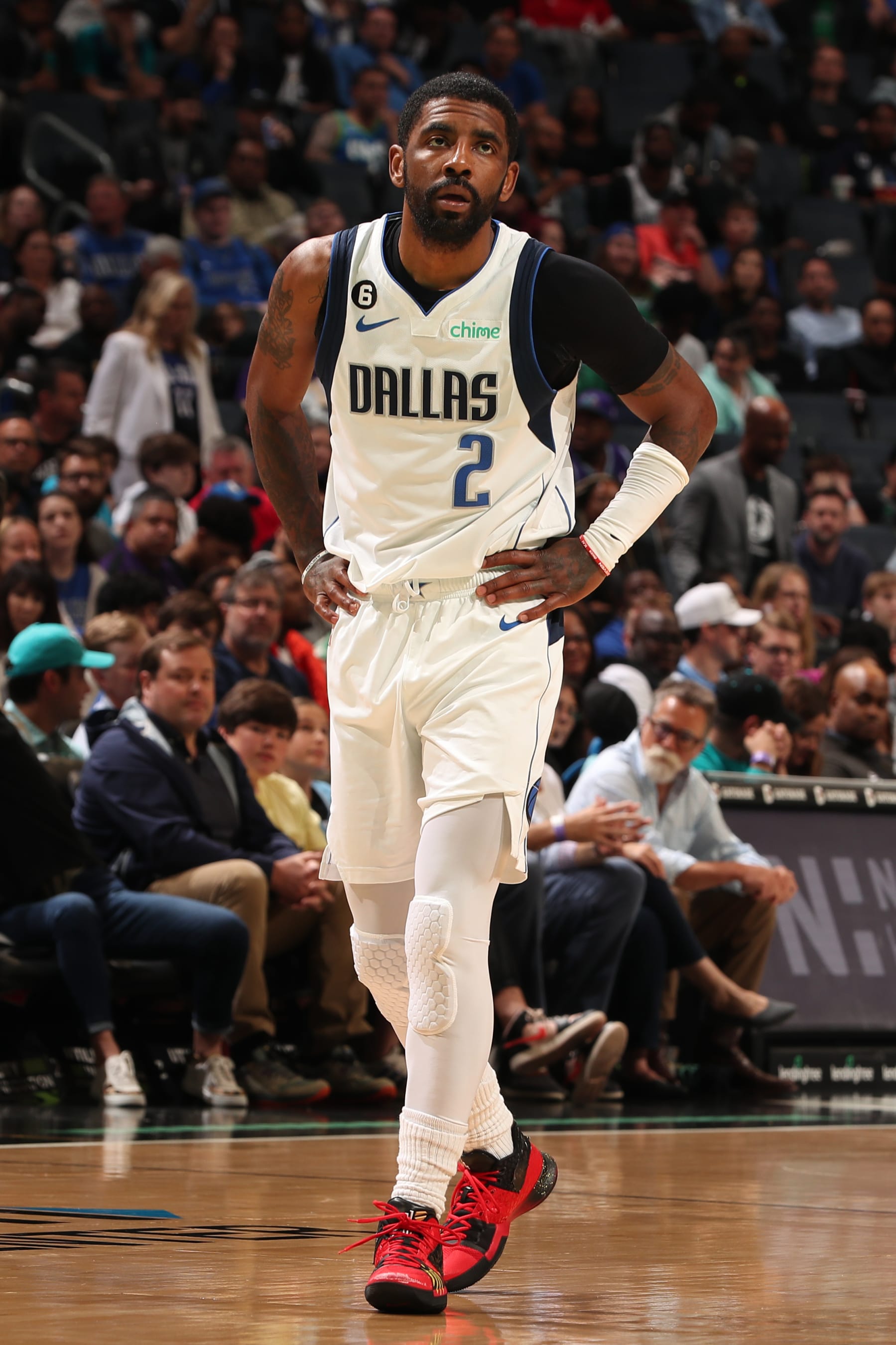 CHARLOTTE, NC - MARCH 26: Kyrie Irving #2 of the Dallas Mavericks looks on during the game against the Charlotte Hornets on March 26, 2023 at Spectrum Center in Charlotte, North Carolina. NOTE TO USER: User expressly acknowledges and agrees that, by downloading and or using this photograph, User is consenting to the terms and conditions of the Getty Images License Agreement. Mandatory Copyright Notice: Copyright 2023 NBAE (Photo by Kent Smith/NBAE via Getty Images)