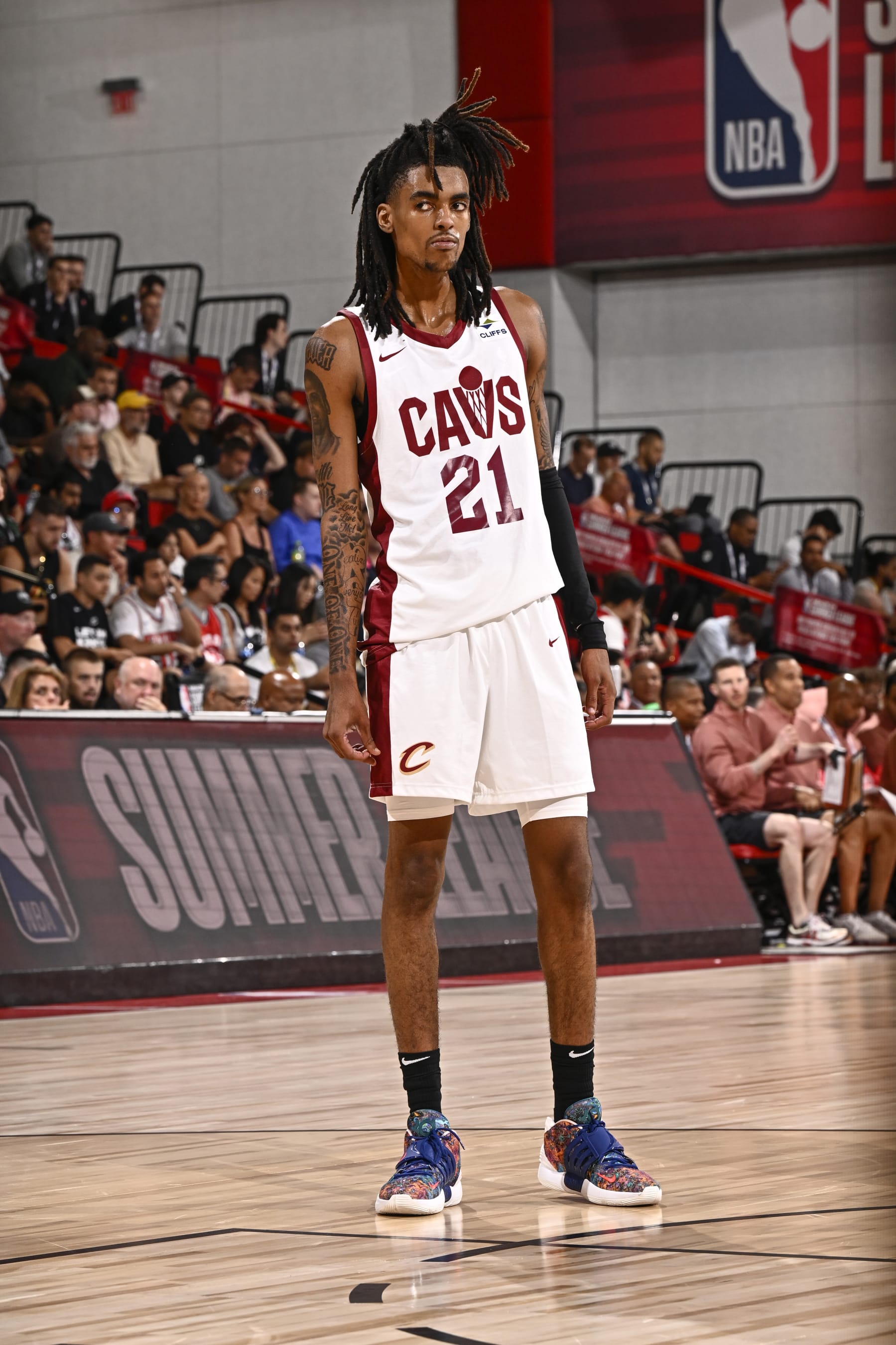 LAS VEGAS, NV - JULY 9:  Emoni Bates #21 of the Cleveland Cavaliers looks on during the game during the 2023 NBA Las Vegas Summer League on July 9, 2023 at the The Cox Pavillion  in Las Vegas, Nevada. NOTE TO USER: User expressly acknowledges and agrees that, by downloading and or using this Photograph, User is consenting to the terms and conditions of the Getty Images License Agreement. Mandatory Copyright Notice: Copyright 2023 NBAE (Photo by David Dow/NBAE via Getty Images)