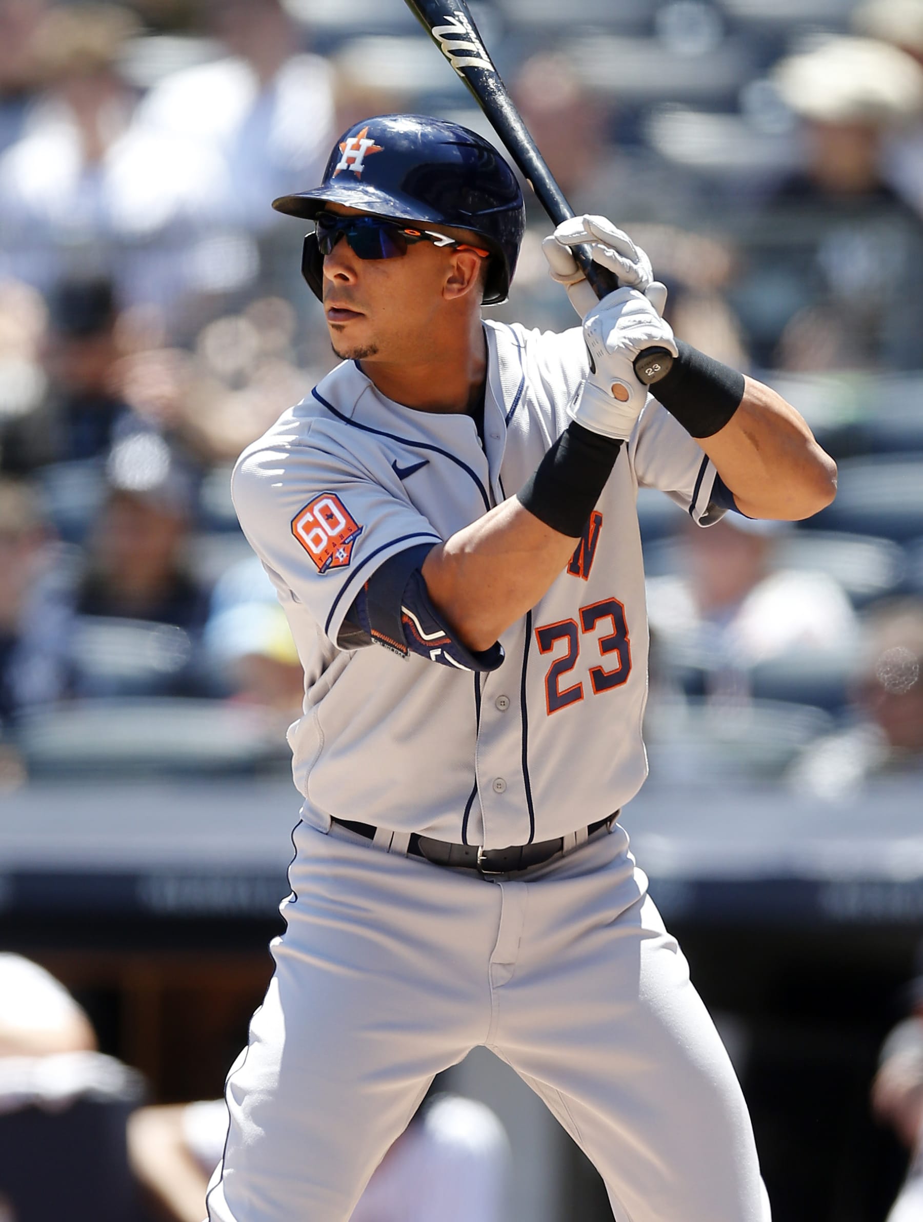 NEW YORK, NEW YORK - JUNE 25: (NEW YORK DAILIES OUT)  Michael Brantley #23 of the Houston Astros in action against the New York Yankees at Yankee Stadium on June 25, 2022 in New York City. The Astros defeated the Yankees 3-0. (Photo by Jim McIsaac/Getty Images)