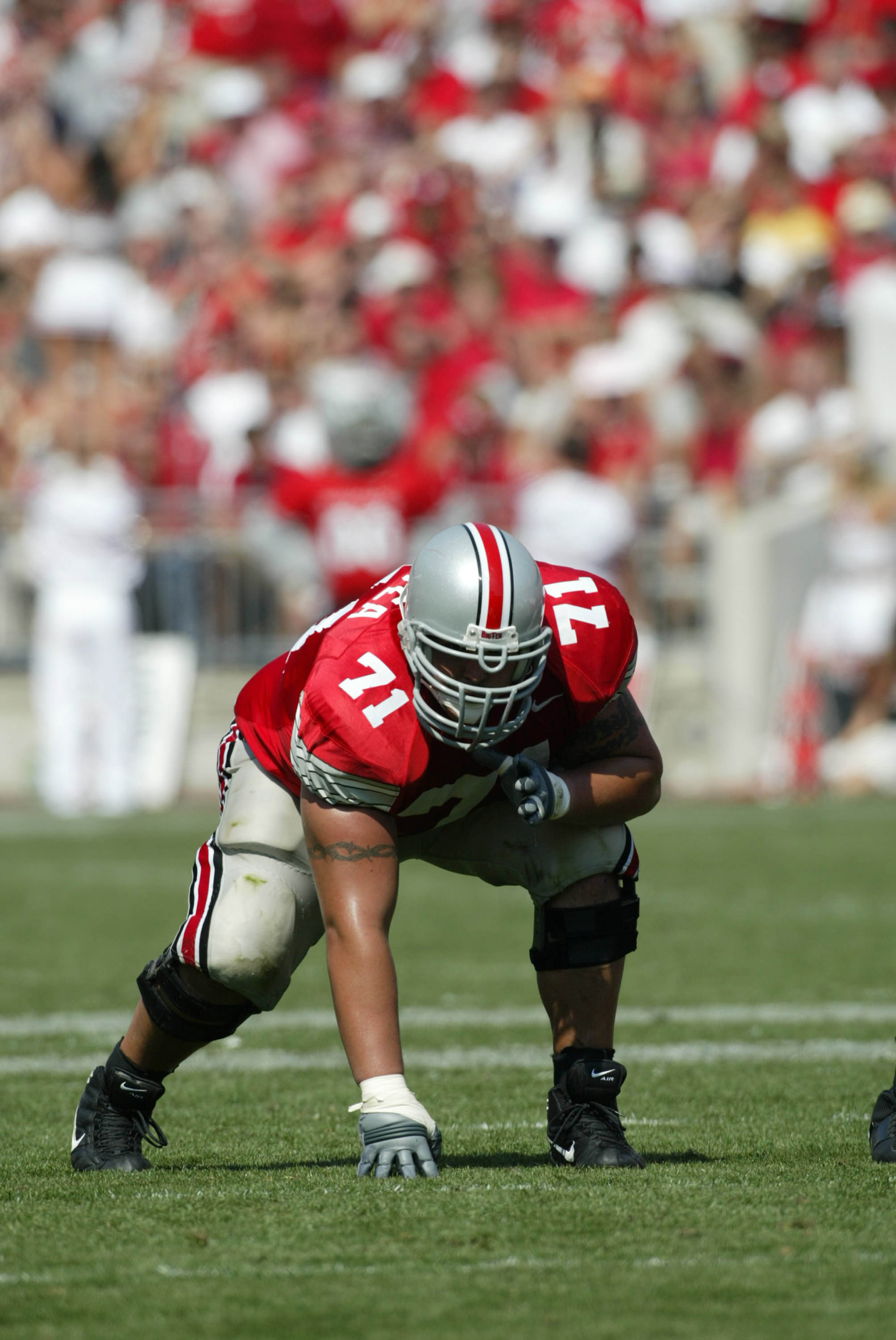 13 Sept 2003: Shane Olivea of the Ohio State Buckeyes during the Buckeyes 44-38 (3 ot) victory over the North Carolina State Wolfpack at Ohio Stadium in Columbus, OH.  (Photo by Paul Nisely/Sporting News via Getty Images via Getty Images)