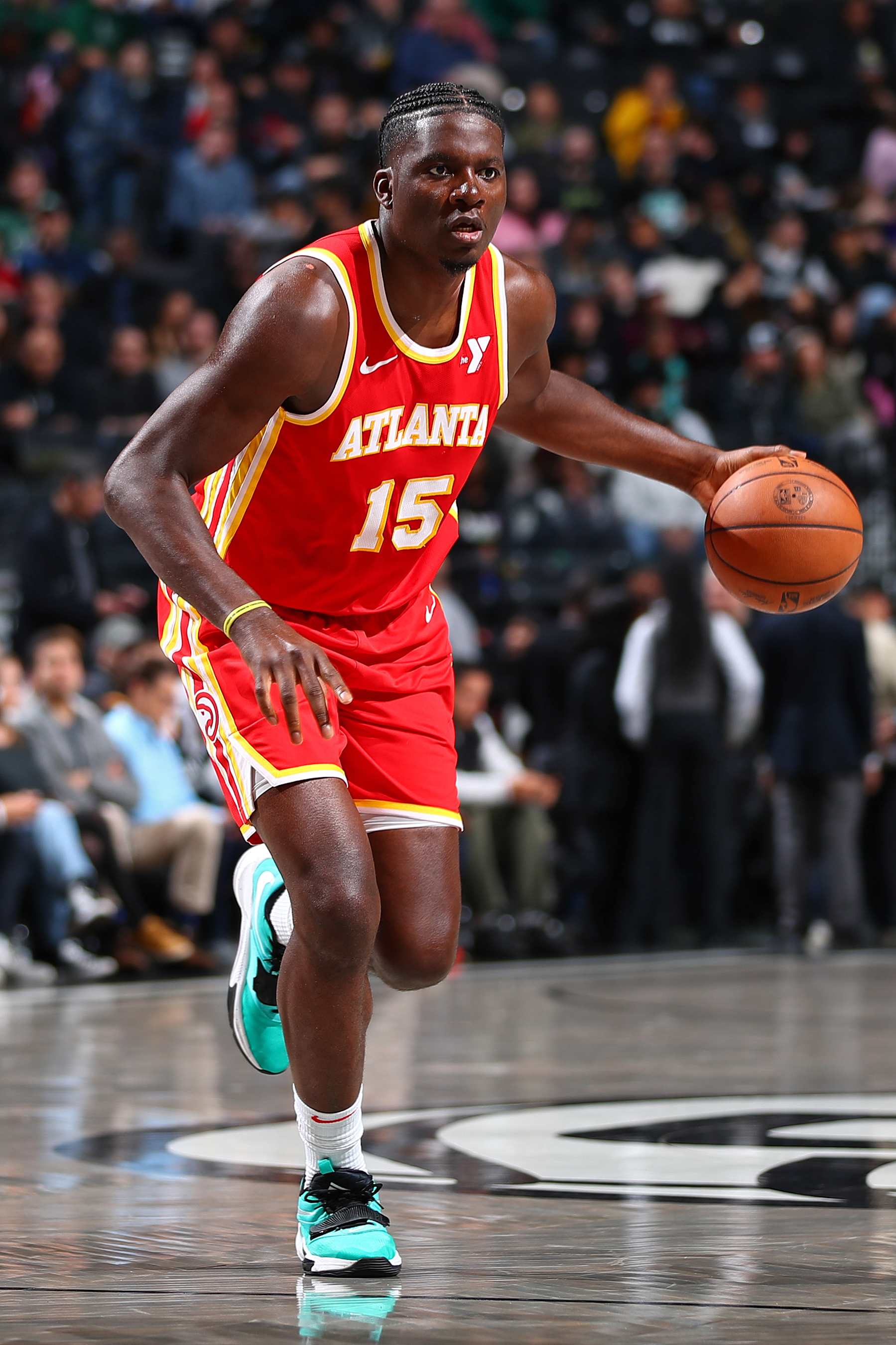 BROOKLYN, NY - MARCH 2: Clint Capela #15 of the Atlanta Hawks looks on during the game against the Brooklyn Nets on March 2, 2024 at Barclays Center in Brooklyn, New York. NOTE TO USER: User expressly acknowledges and agrees that, by downloading and or using this Photograph, user is consenting to the terms and conditions of the Getty Images License Agreement. Mandatory Copyright Notice: Copyright 2024 NBAE (Photo by David L. Nemec/NBAE via Getty Images)