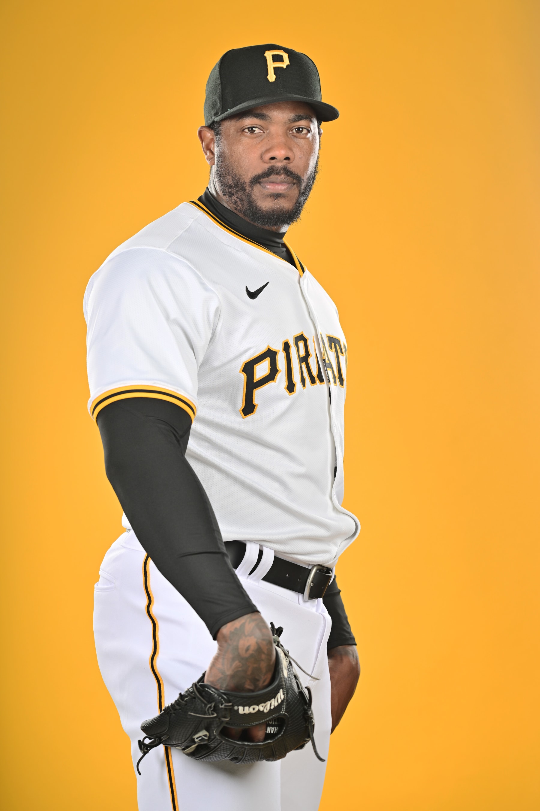 BRADENTON, FLORIDA - FEBRUARY 20: Aroldis Chapman #45 of the Pittsburgh Pirates poses during the 2024 Pittsburgh Pirates Photo Day at Pirate City on February 20, 2024 in Bradenton, Florida. (Photo by Julio Aguilar/Getty Images)