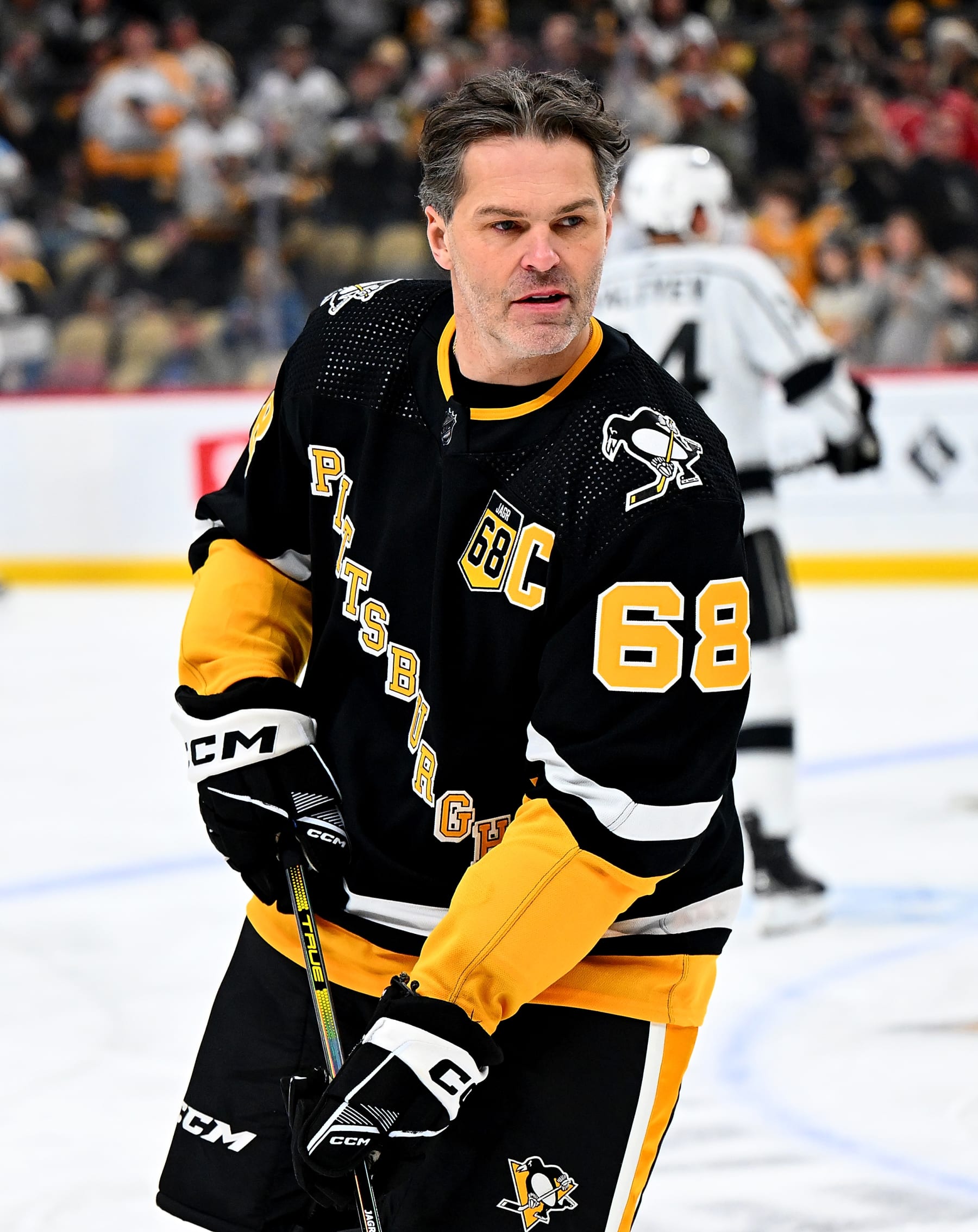 PITTSBURGH, PA - FEBRUARY 18:  Jaromir Jagr skates during warm ups after having his number retired and banner raised to the rafters before the game between the Pittsburgh Penguins and the Los Angeles Kings at PPG PAINTS Arena on February 18, 2024 in Pittsburgh, Pennsylvania. (Photo by Joe Sargent/NHLI via Getty Images)