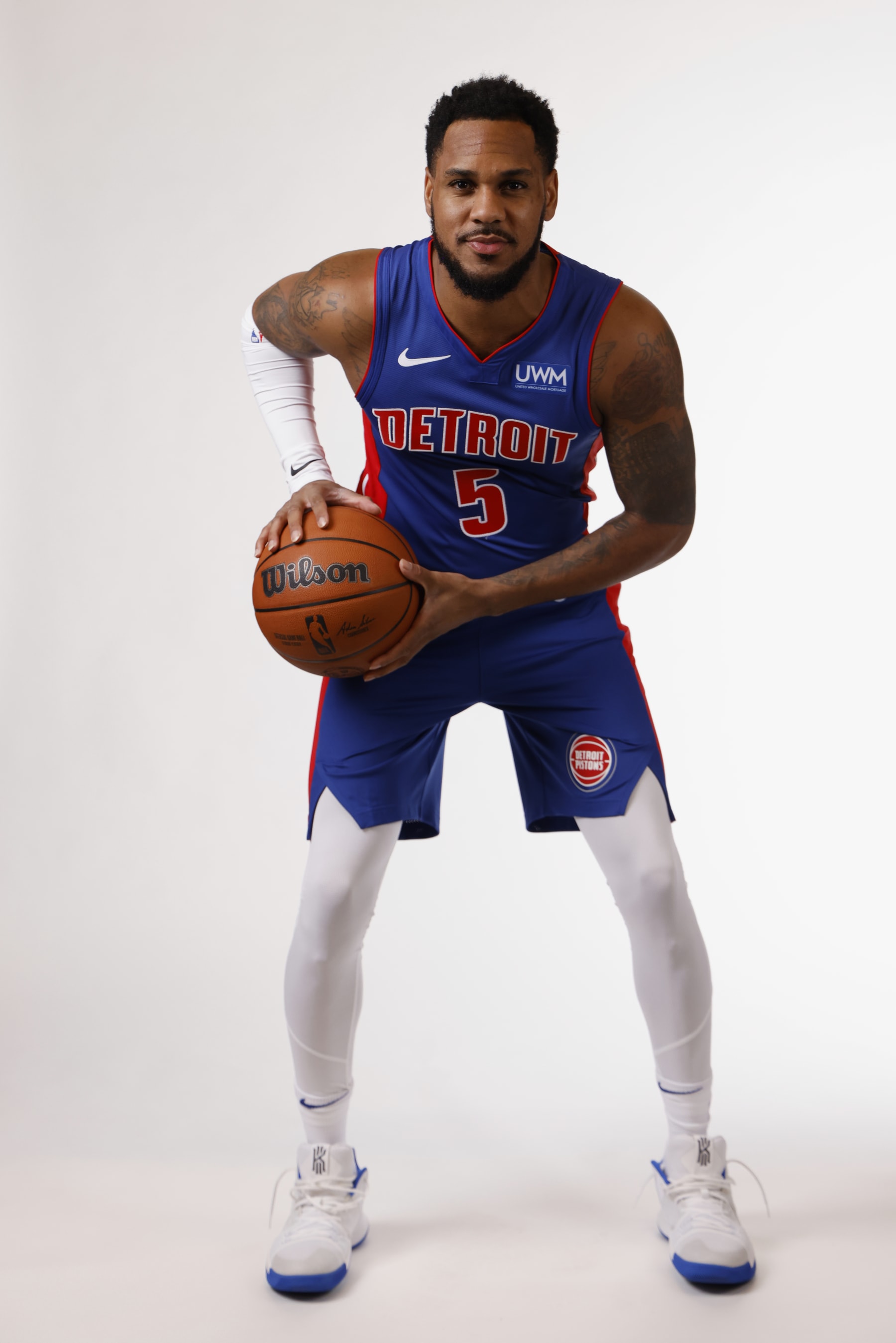 DETROIT, MICHIGAN - OCTOBER 02: Monte Morris #5 of the Detroit Pistons poses for a portrait during Pistons Media Day at Little Caesars Arena on October 02, 2023 in Detroit, Michigan. NOTE TO USER: User expressly acknowledges and agrees that, by downloading and/or using this photograph, user is consenting to the terms and conditions of the Getty Images License Agreement. (Photo by Rick Osentoski/Getty Images)
