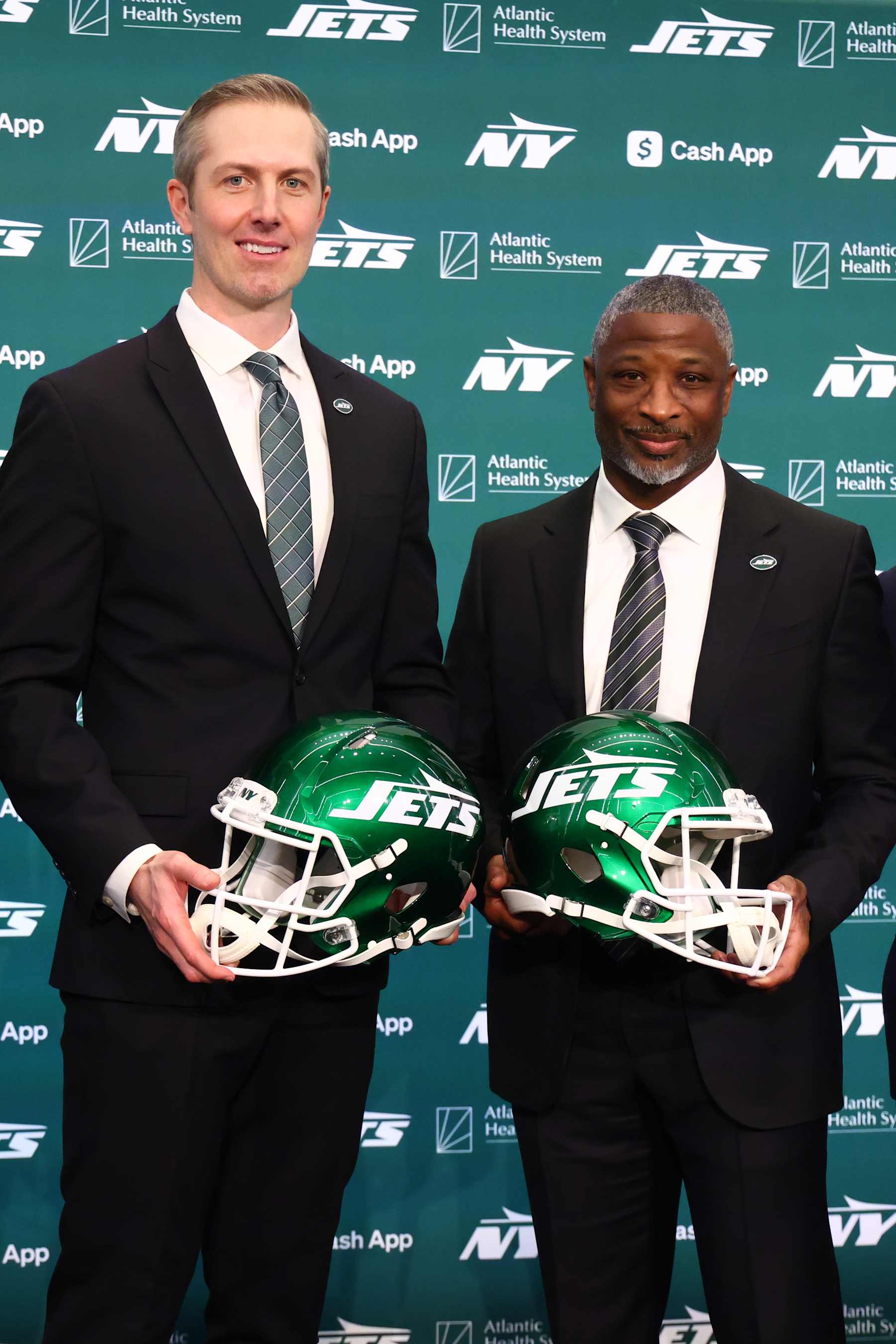 FLORHAM PARK, NEW JERSEY - JANUARY 27: New York Jets general manager Darren Mougey and head coach Aaron Glenn pose after the press conference announcing their hirings at Atlantic Health Jets Training Center on January 27, 2025 in Florham Park, New Jersey. (Photo by Ed Mulholland/Getty Images)