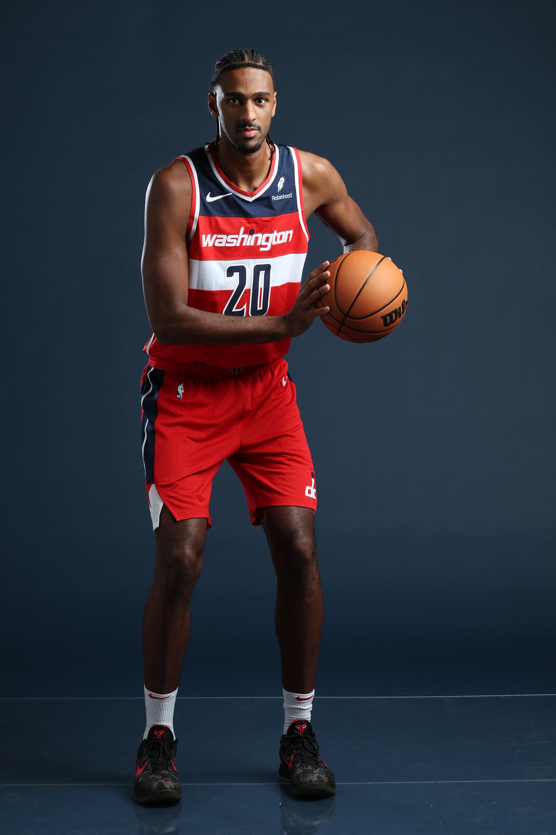 LAS VEGAS, NV - JULY 17: Alex Sarr #20 of the Washington Wizards poses for a portrait during the 2024 NBA Rookie Photo Shoot on July 17, 2024 at the University of Nevada, Las Vegas campus in Las Vegas, Nevada. NOTE TO USER: User expressly acknowledges and agrees that, by downloading and/or using this Photograph, user is consenting to the terms and conditions of the Getty Images License Agreement. Mandatory Copyright Notice: Copyright 2024 NBAE (Photo by David Sherman/NBAE via Getty Images)