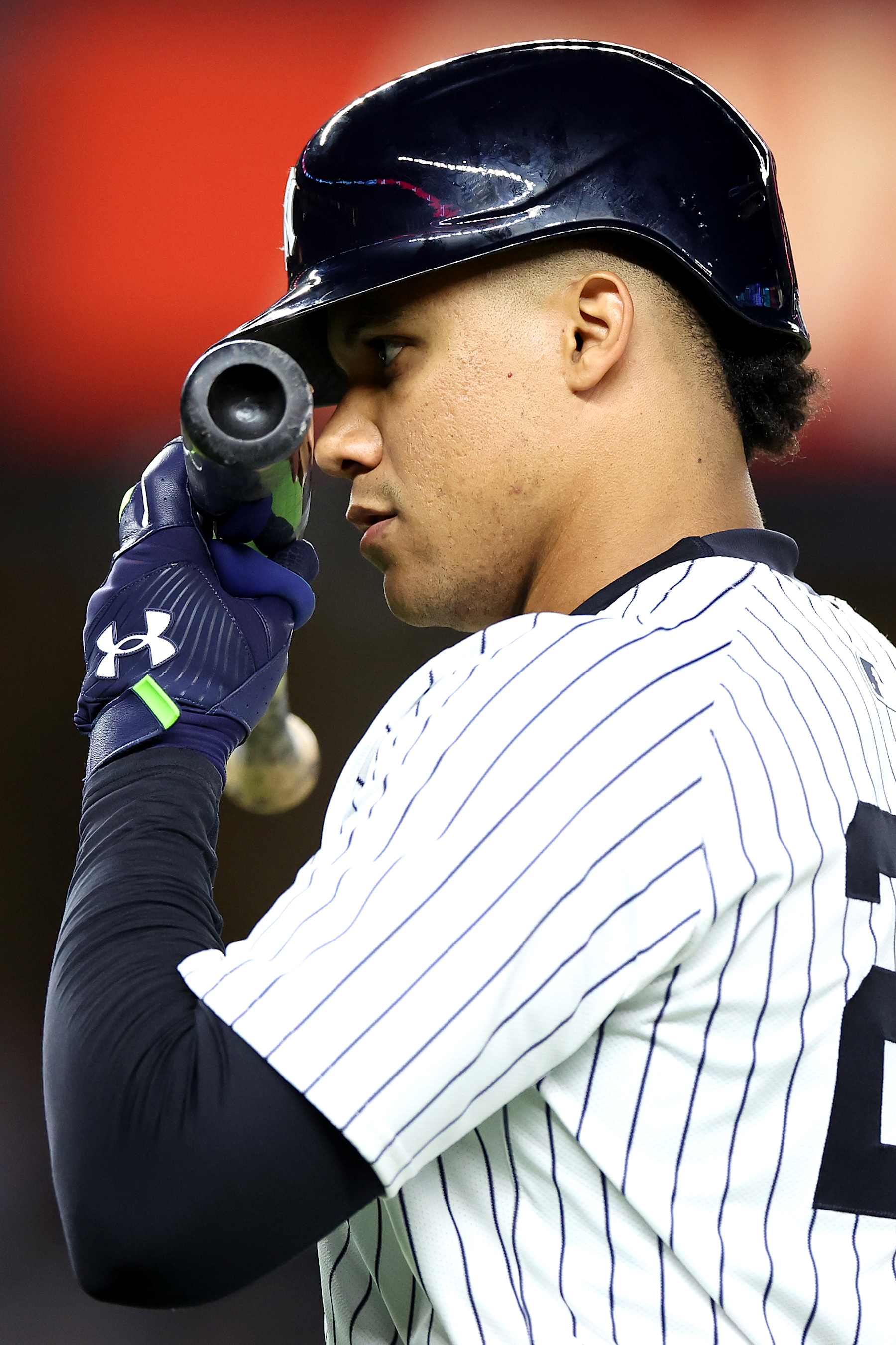 NEW YORK, NEW YORK - SEPTEMBER 25: Juan Soto #22 of the New York Yankees in action against the Baltimore Orioles at Yankee Stadium on September 25, 2024 in the Bronx borough of New York City. (Photo by Luke Hales/Getty Images)