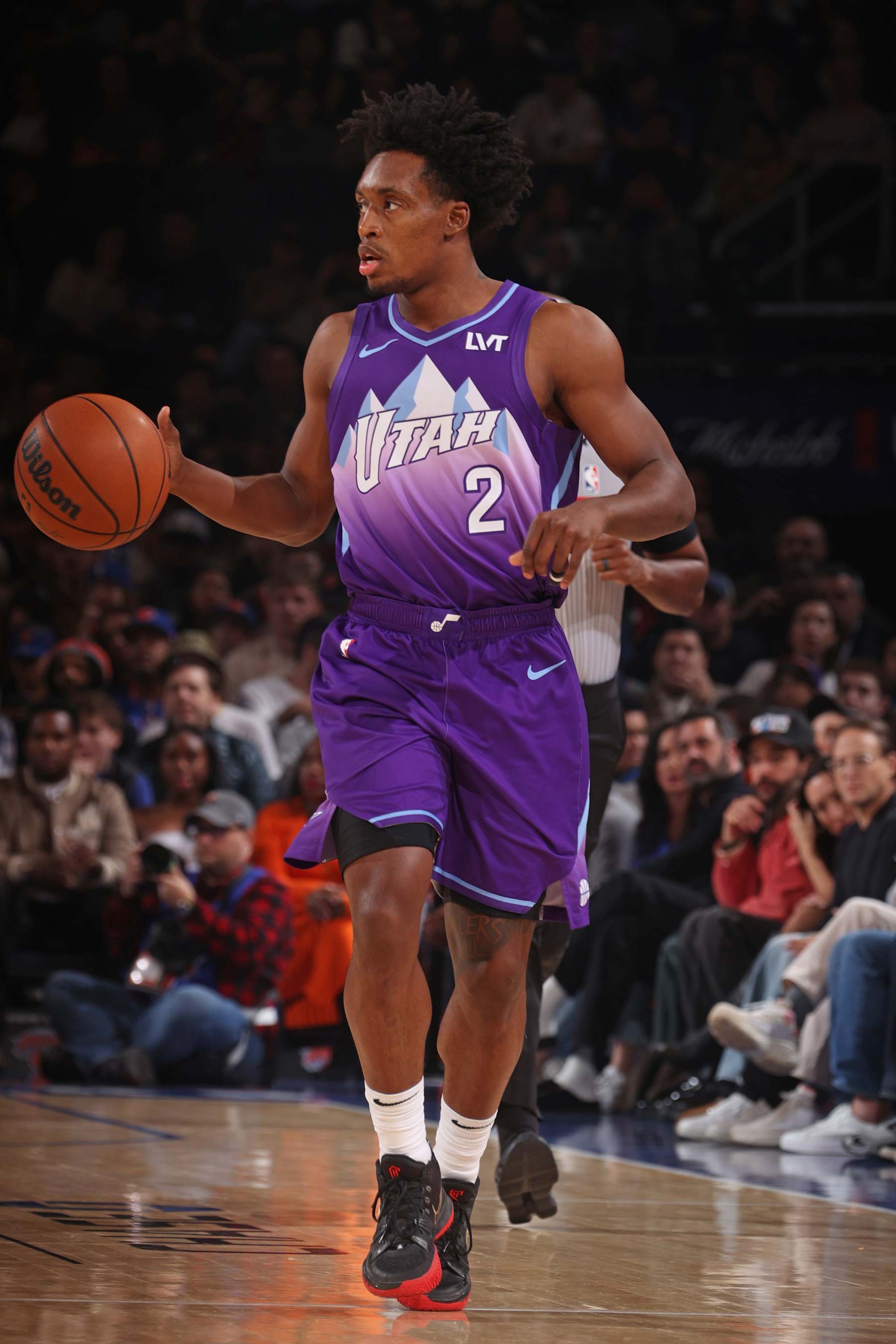 NEW YORK, NY - JANUARY 1: Collin Sexton #2 of the Utah Jazz dribbles the ball during the game against the New York Knicks on January 1, 2025 at Madison Square Garden in New York City, New York.  NOTE TO USER: User expressly acknowledges and agrees that, by downloading and or using this photograph, User is consenting to the terms and conditions of the Getty Images License Agreement. Mandatory Copyright Notice: Copyright 2025 NBAE  (Photo by Nathaniel S. Butler/NBAE via Getty Images)