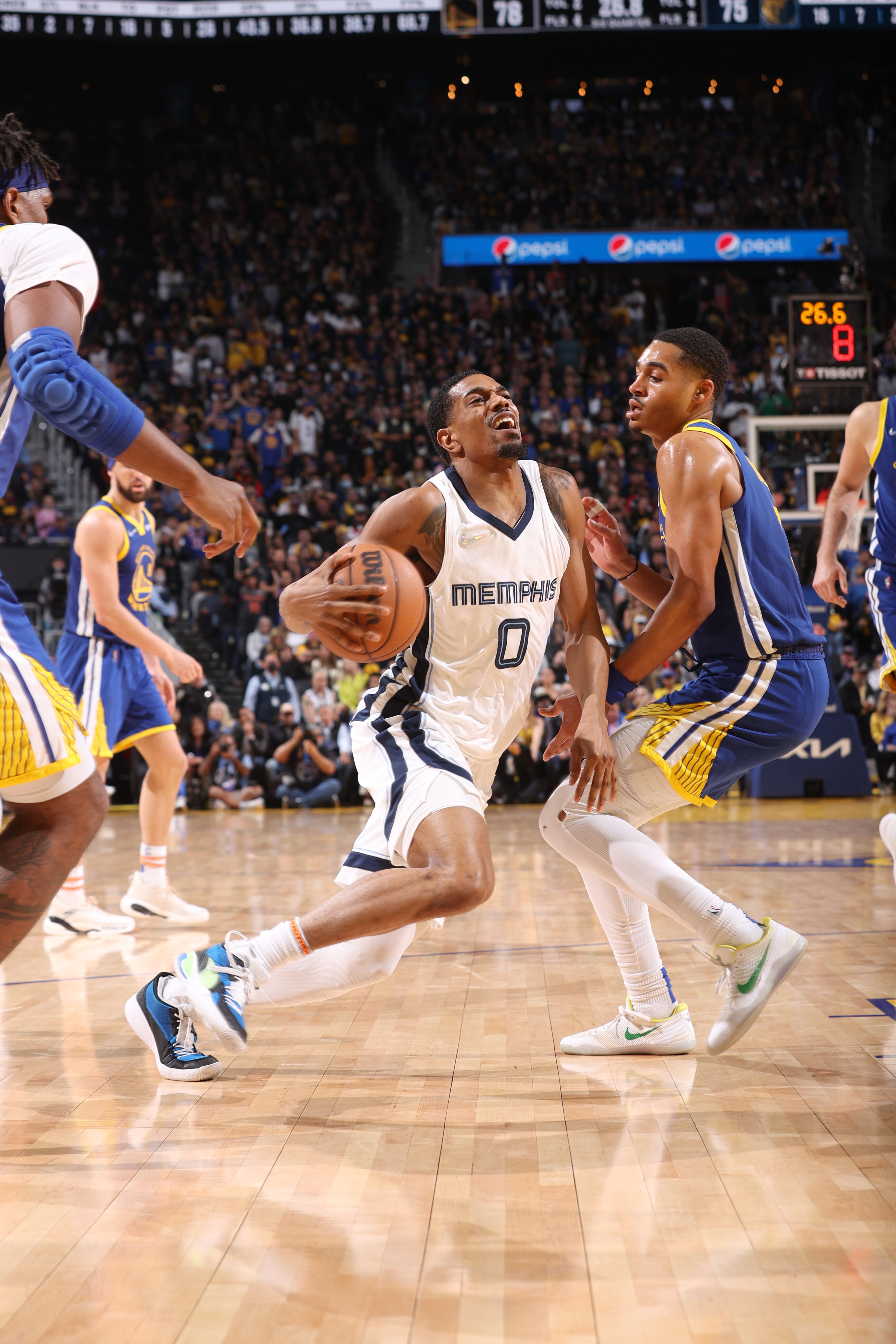 San Francisco, CA - MAY 13: De'Anthony Melton #0 of the Memphis Grizzlies drives to the basket against the Golden State Warriors during Game 6 of the 2022 NBA Playoffs Western Conference Semifinals on May 13, 2021 at Chase Center in San Francisco, California. NOTE TO USER: User expressly acknowledges and agrees that, by downloading and or using this photograph, User is consenting to the terms and conditions of the Getty Images License Agreement. Mandatory Copyright Notice: Copyright 2021 NBAE (Photo by Joe Murphy/NBAE via Getty Images)