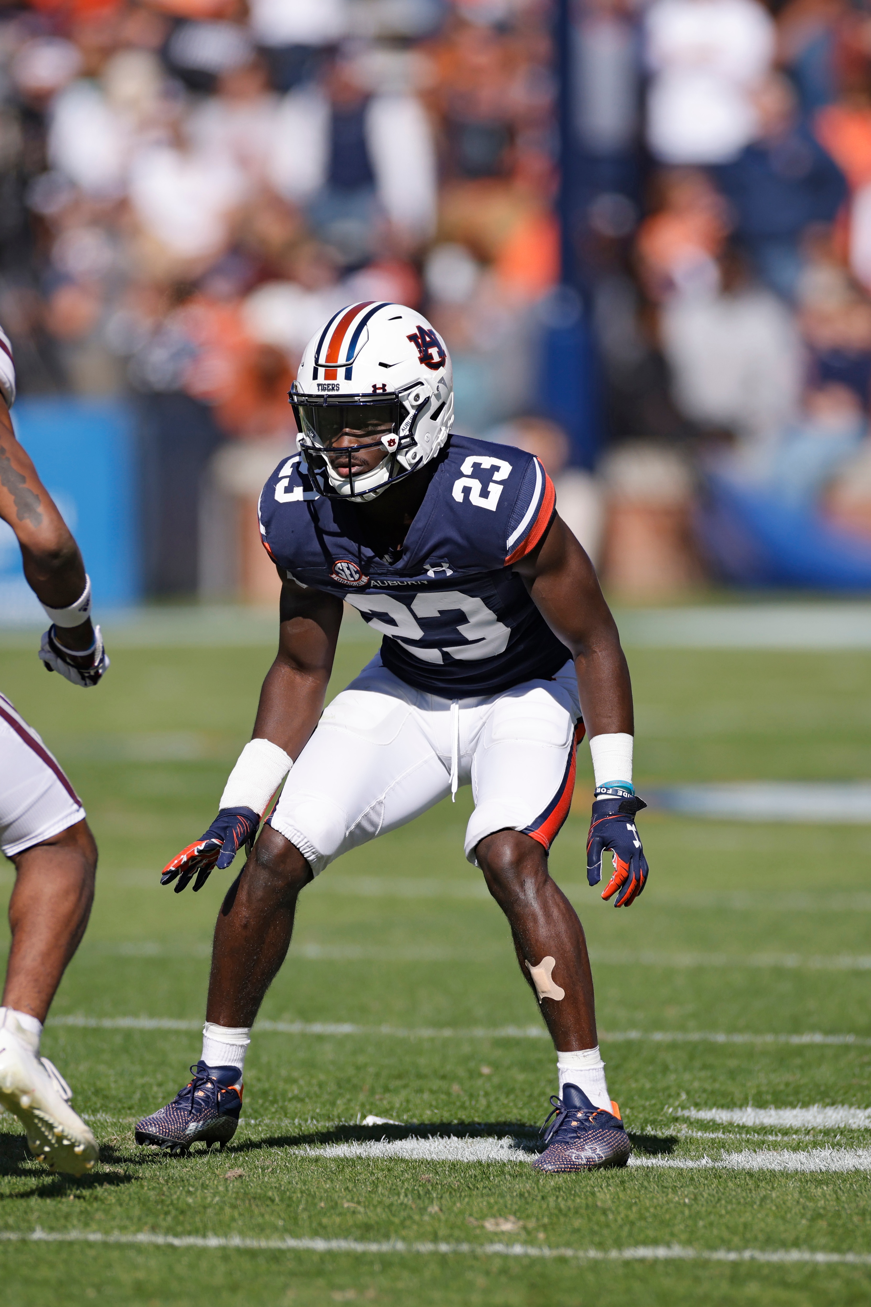 AUBURN, AL - NOVEMBER 13: Auburn Tigers cornerback Roger McCreary (23) lines up on defense during a college football game against the Mississippi State Bulldogs on Nov. 13, 2021 at Jordan-Hare Stadium in Auburn, Alabama. (Photo by Joe Robbins/Icon Sportswire via Getty Images)